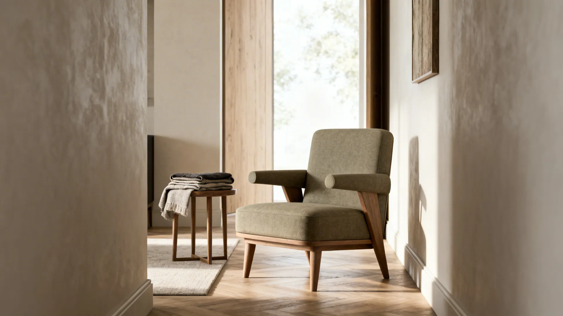 Narrow living room with an armless-looking chair that has integrated hidden arms