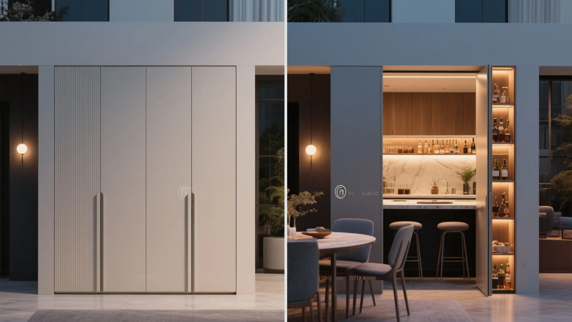 Comparison of closed white doors and an open hidden bar with shelves and stool seating