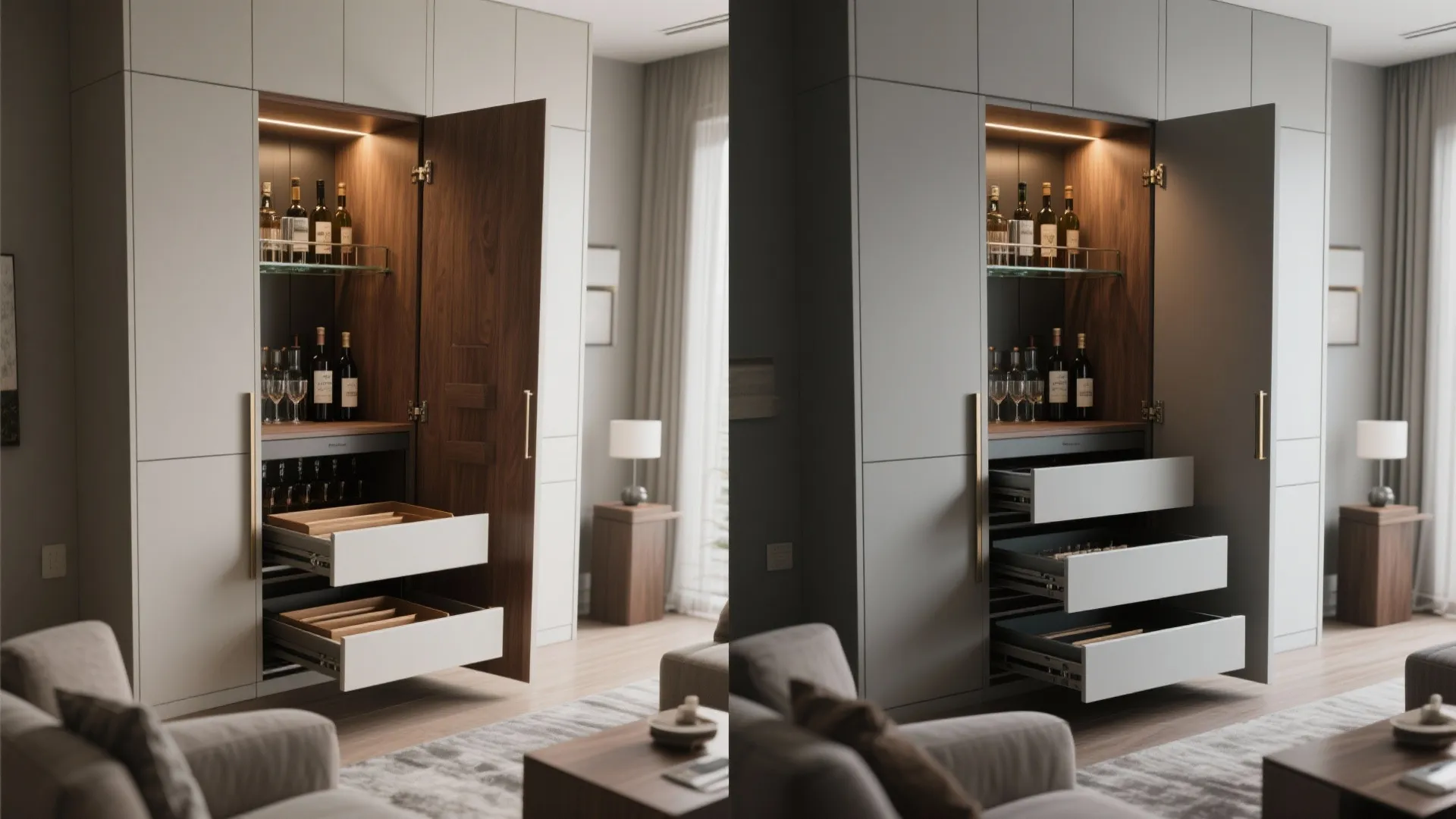 4. Hidden bar behind cabinet doors