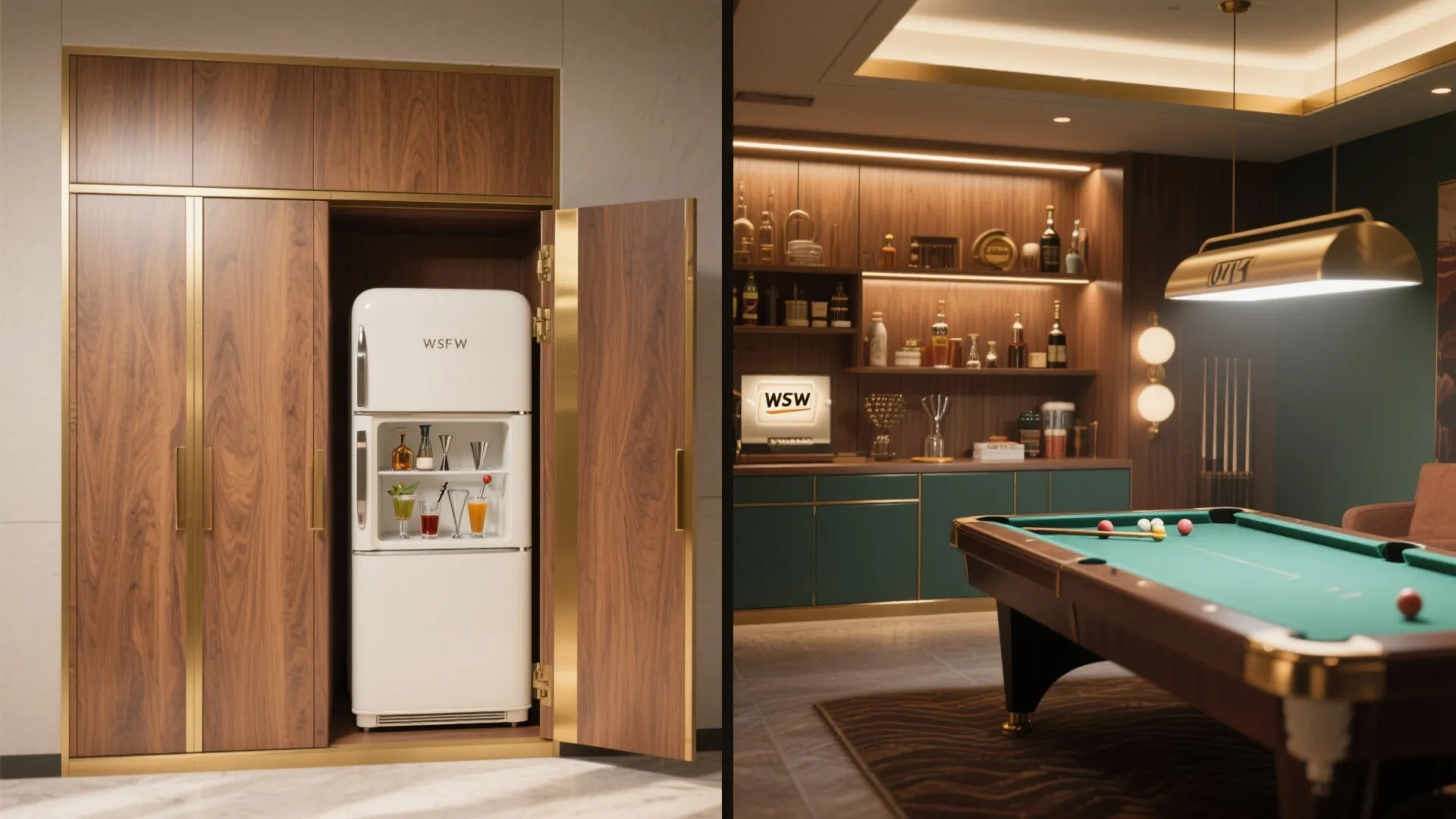 White fridge inside wood cabinet next to pool table in dark green and brown room