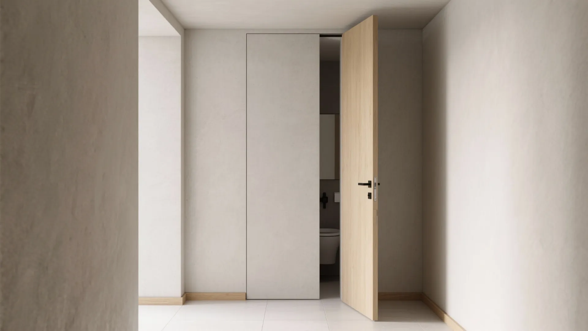 Modern minimalist room with open wooden door leading to a small bathroom with a white toilet