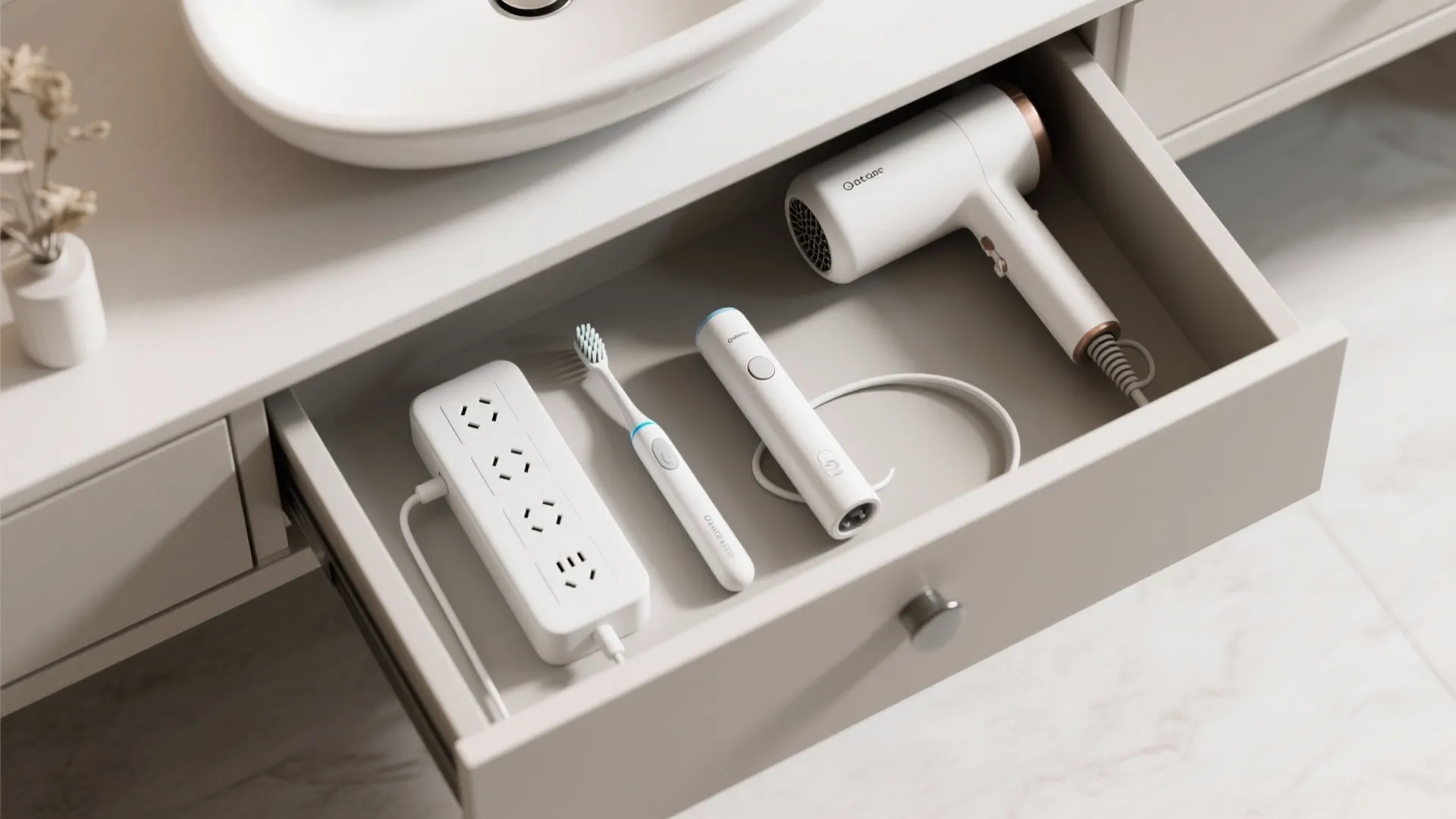 7. Hidden power strip in a drawer