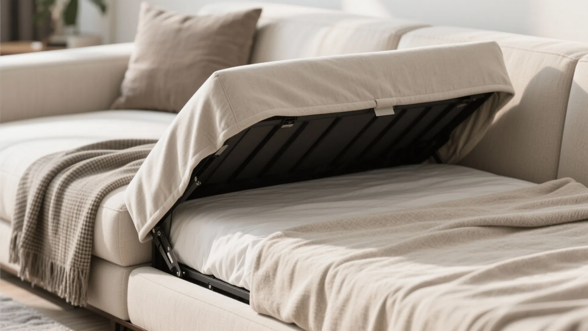 Close-up of sleeper sofa with hidden bed mechanism