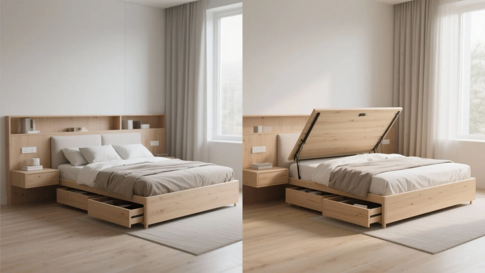 Comparison of wooden bed with storage drawers and bed with lifted mattress showing hidden compartment