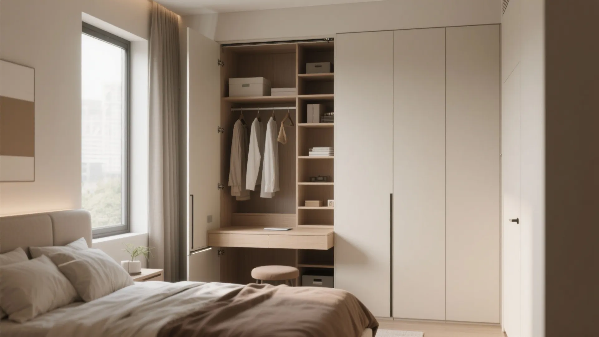 Bedroom with concealed fold-down desk in wardrobe