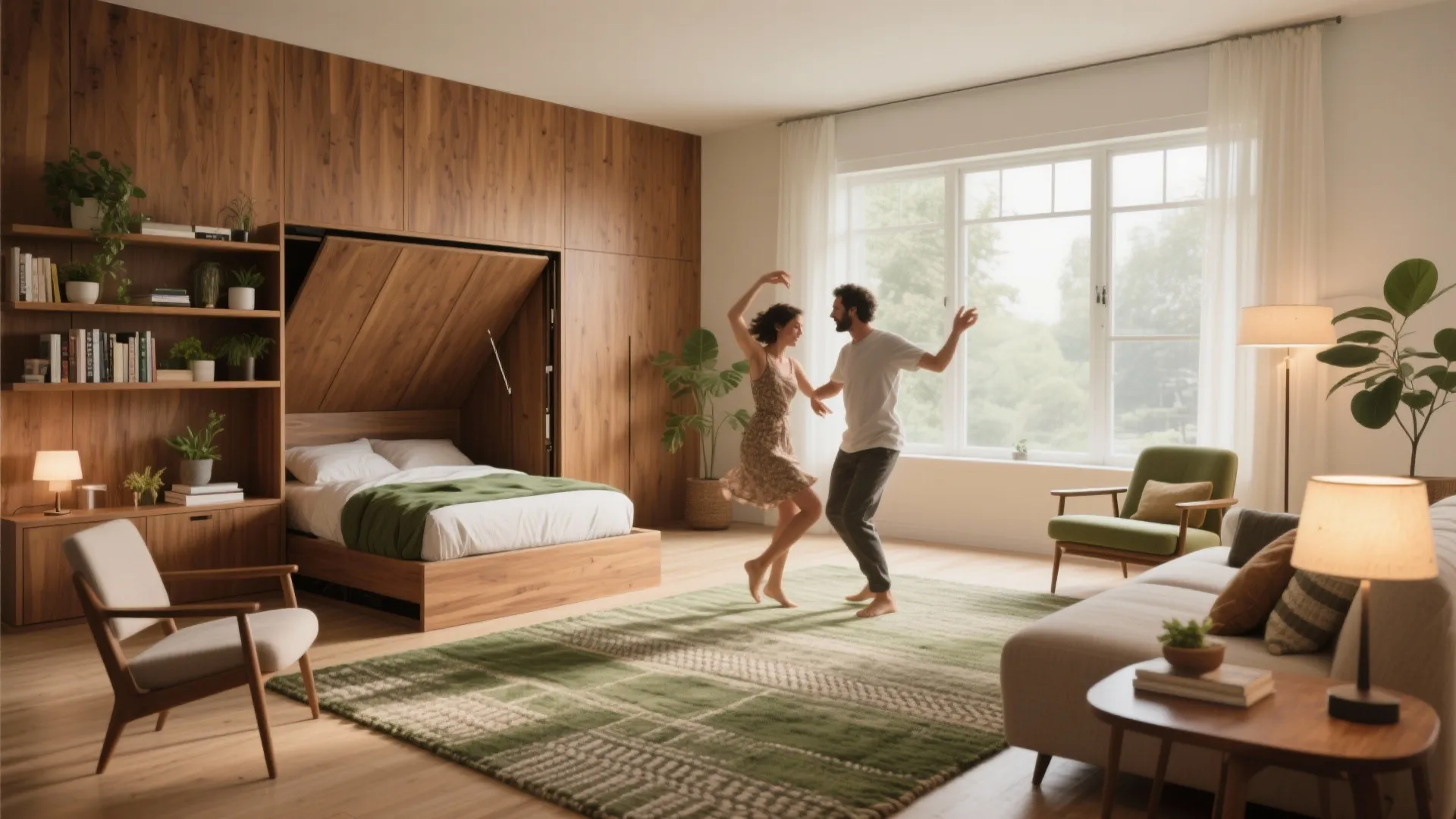 Couple dancing in modern room with wooden wall bed green rug and large bright windows