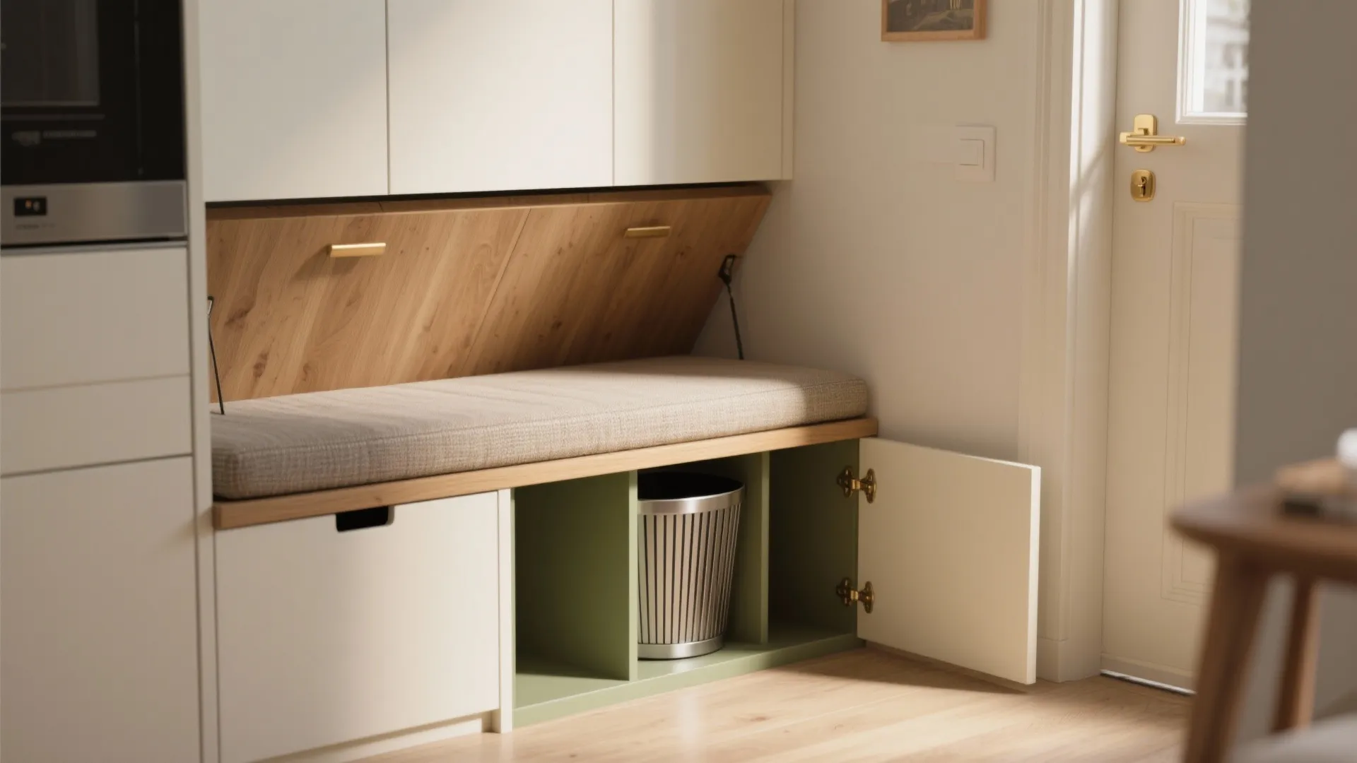 Built in hallway bench with soft cushion and open storage cabinet containing a metal bin