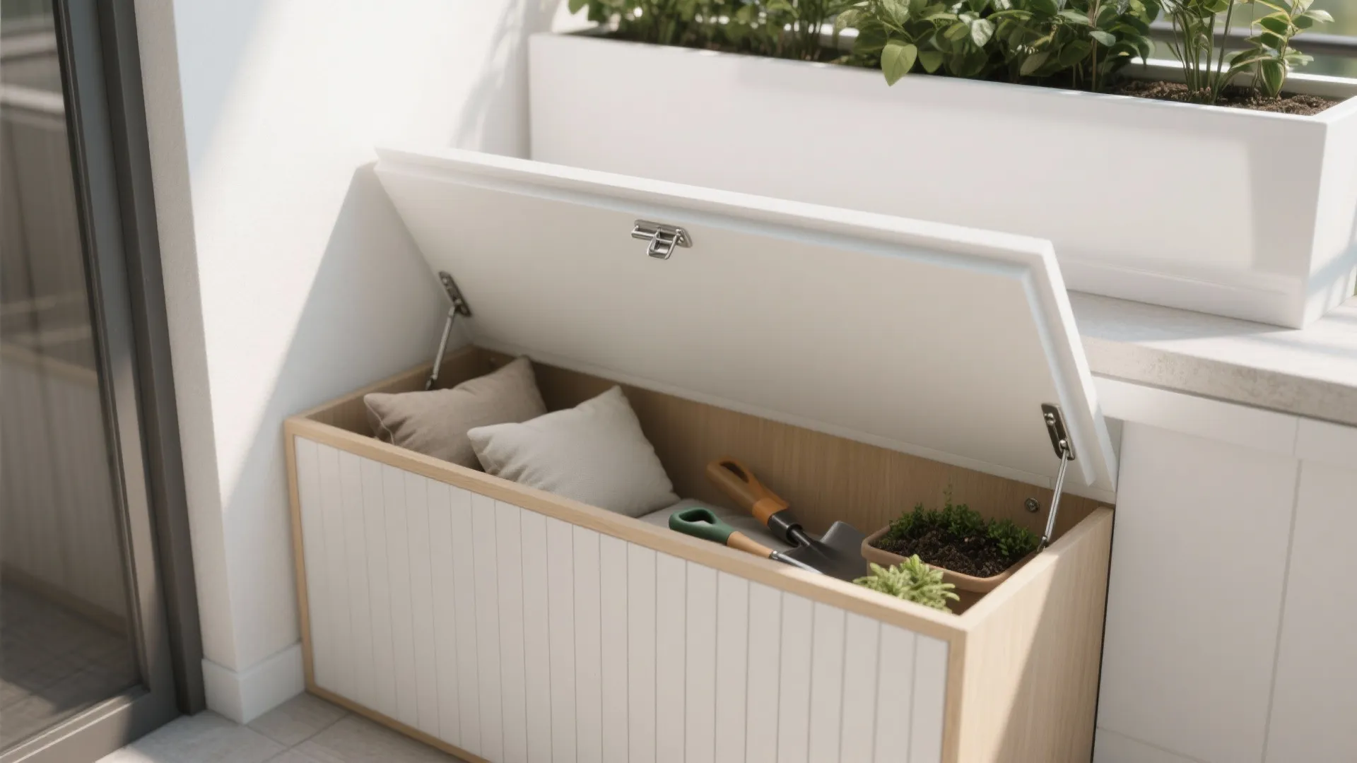 Open wooden storage bench on a balcony containing soft pillows, gardening tools, and small plants