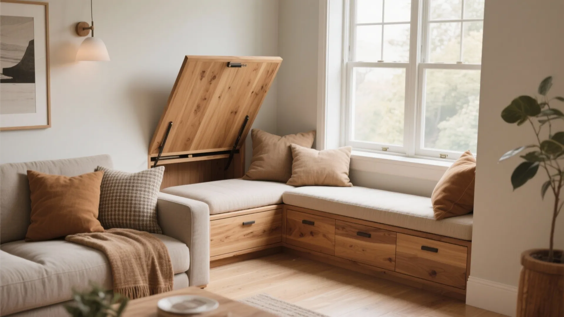 Corner window seat with wooden storage drawers and a lifting lid for hidden storage space