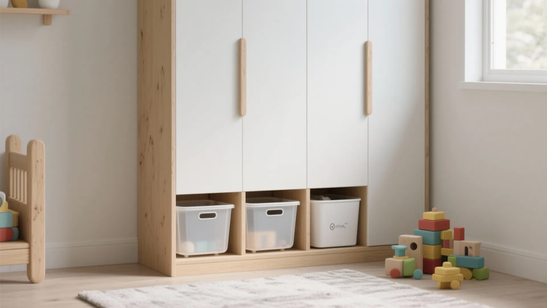 White wooden wardrobe with open bottom shelves holding plastic bins next to colorful building blocks