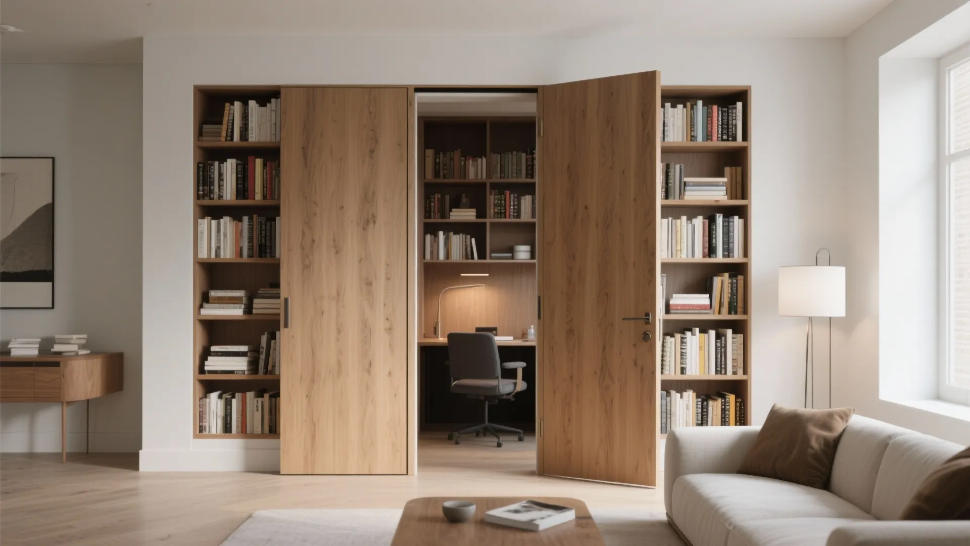 Hidden bookcase door slightly open to reveal secret room
