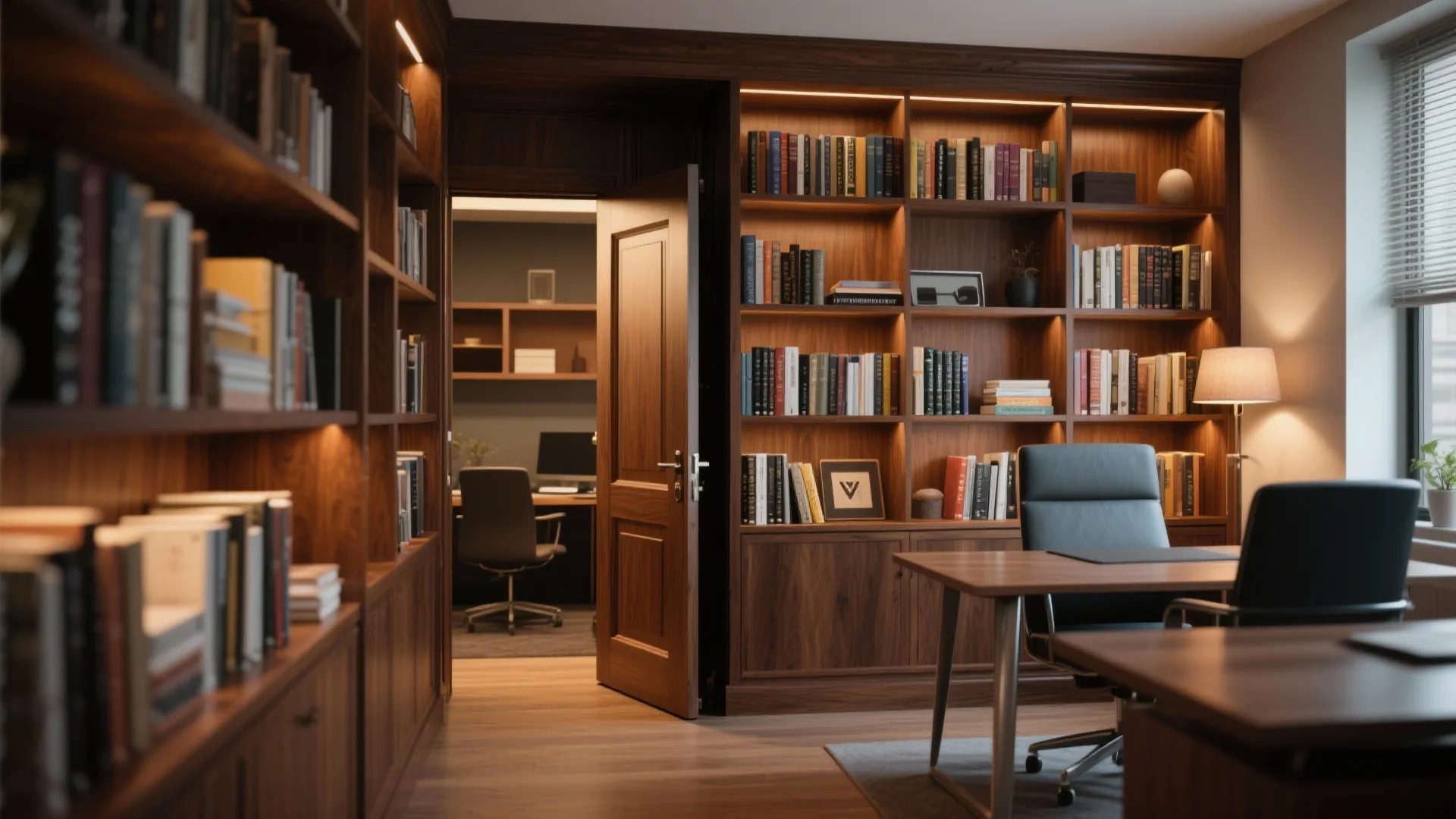 Home office with dark wood bookshelves desk black chairs lamp and open wooden door leading