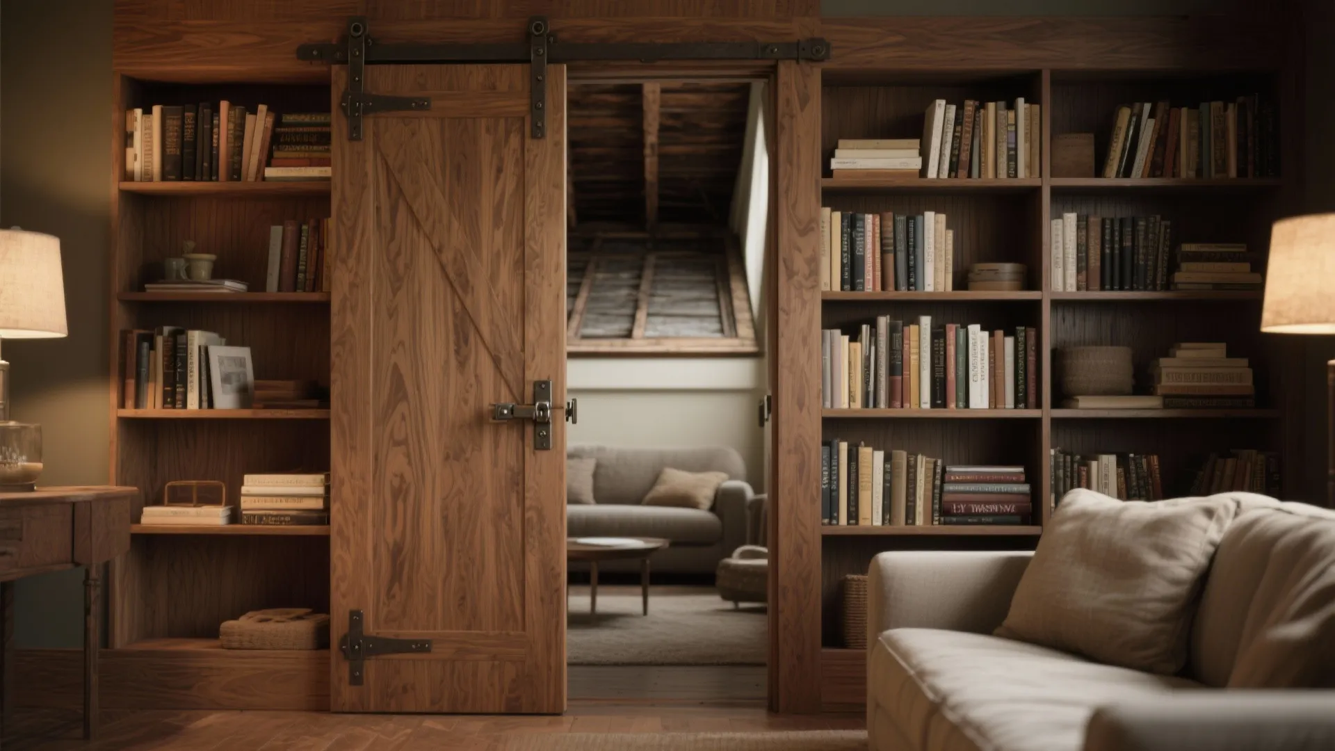 Sliding wooden barn door built into a large bookshelf opening to reveal a hidden cozy room