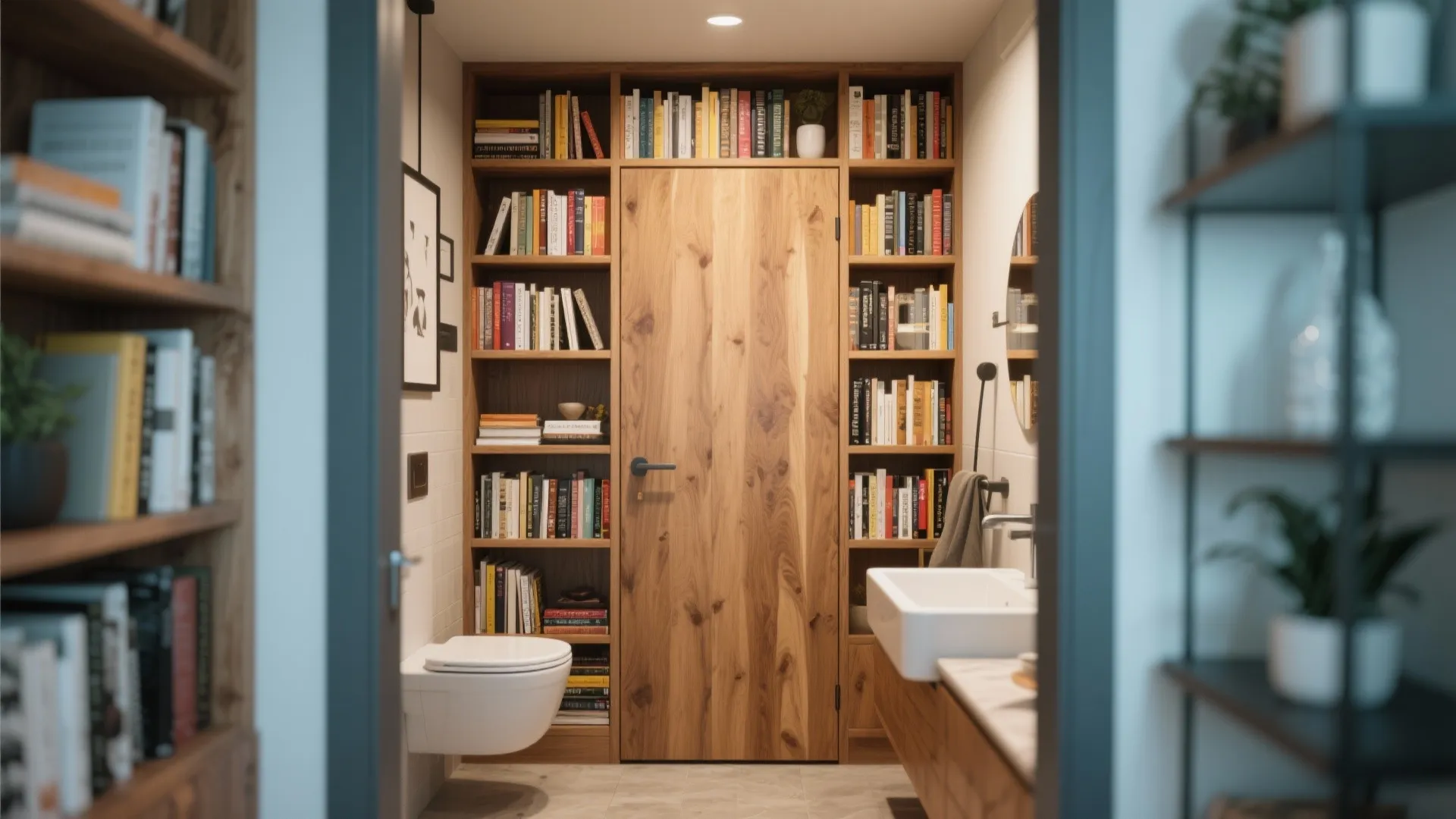 Creative bathroom interior with hidden wood door integrated into large bookshelf for a secret look