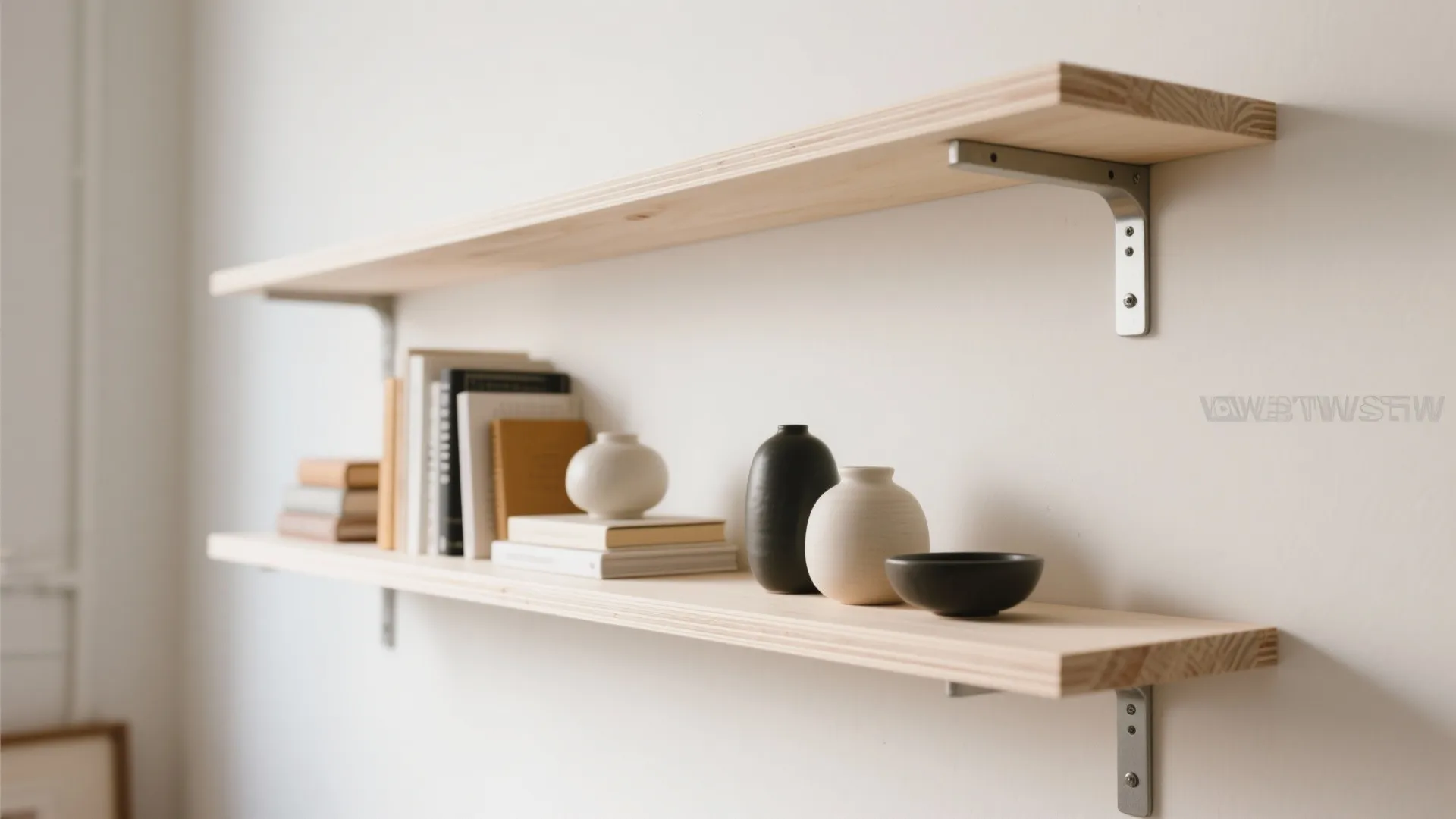 Two light wood floating wall shelves with metal brackets holding books and small ceramic vases