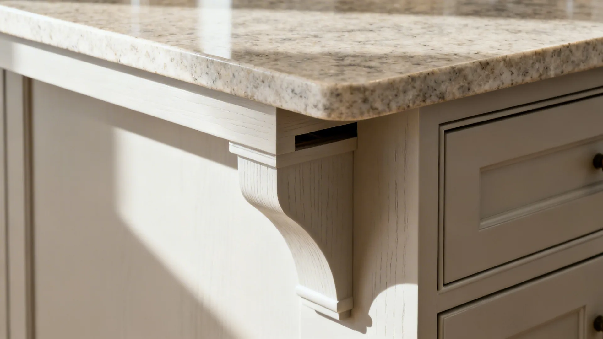 Close-up of a hidden support bracket beneath a stone peninsula overhang.