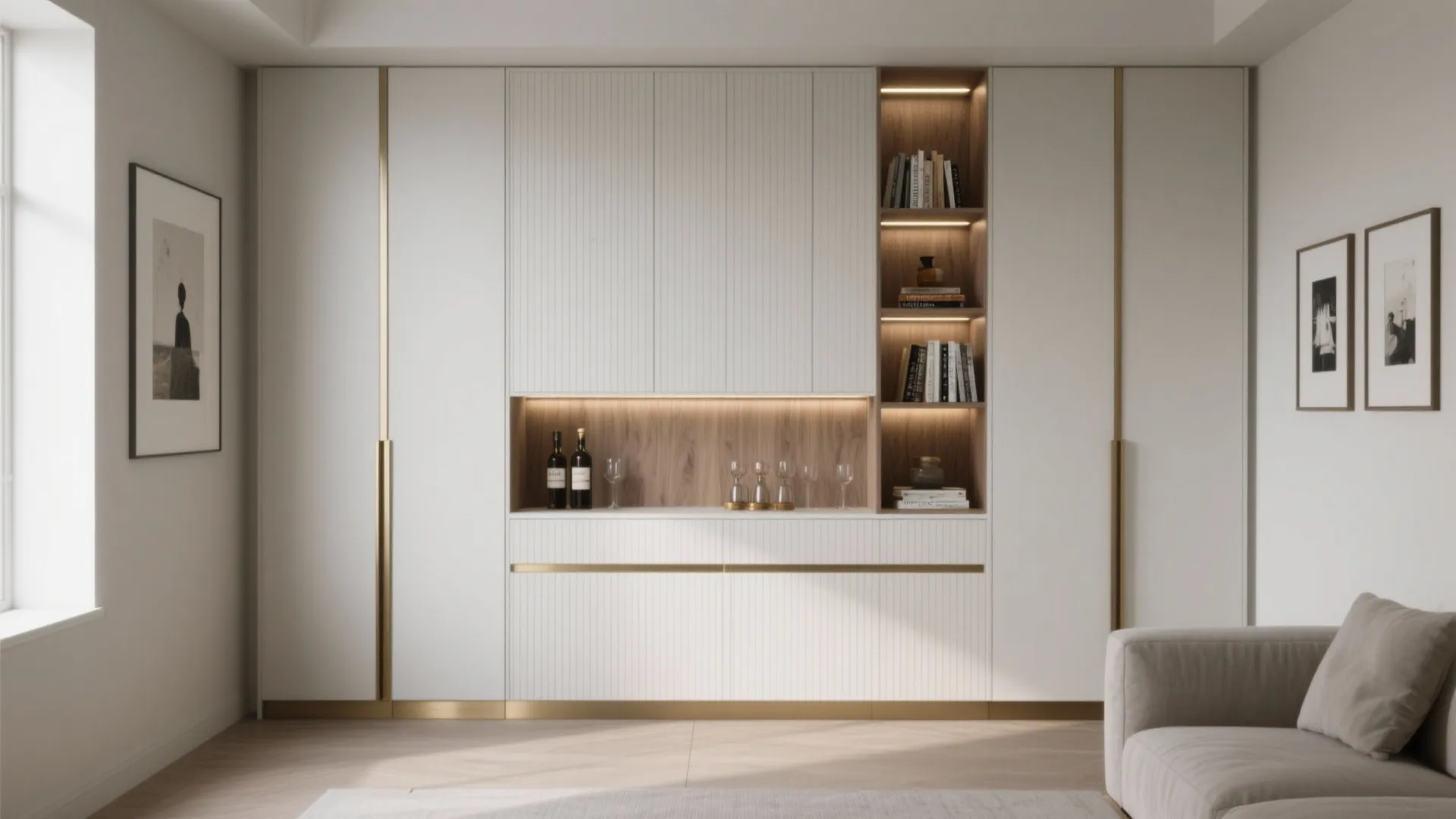 Floor-to-ceiling reeded oak built-ins with push-latch doors and integrated LEDs in a calm small living room.