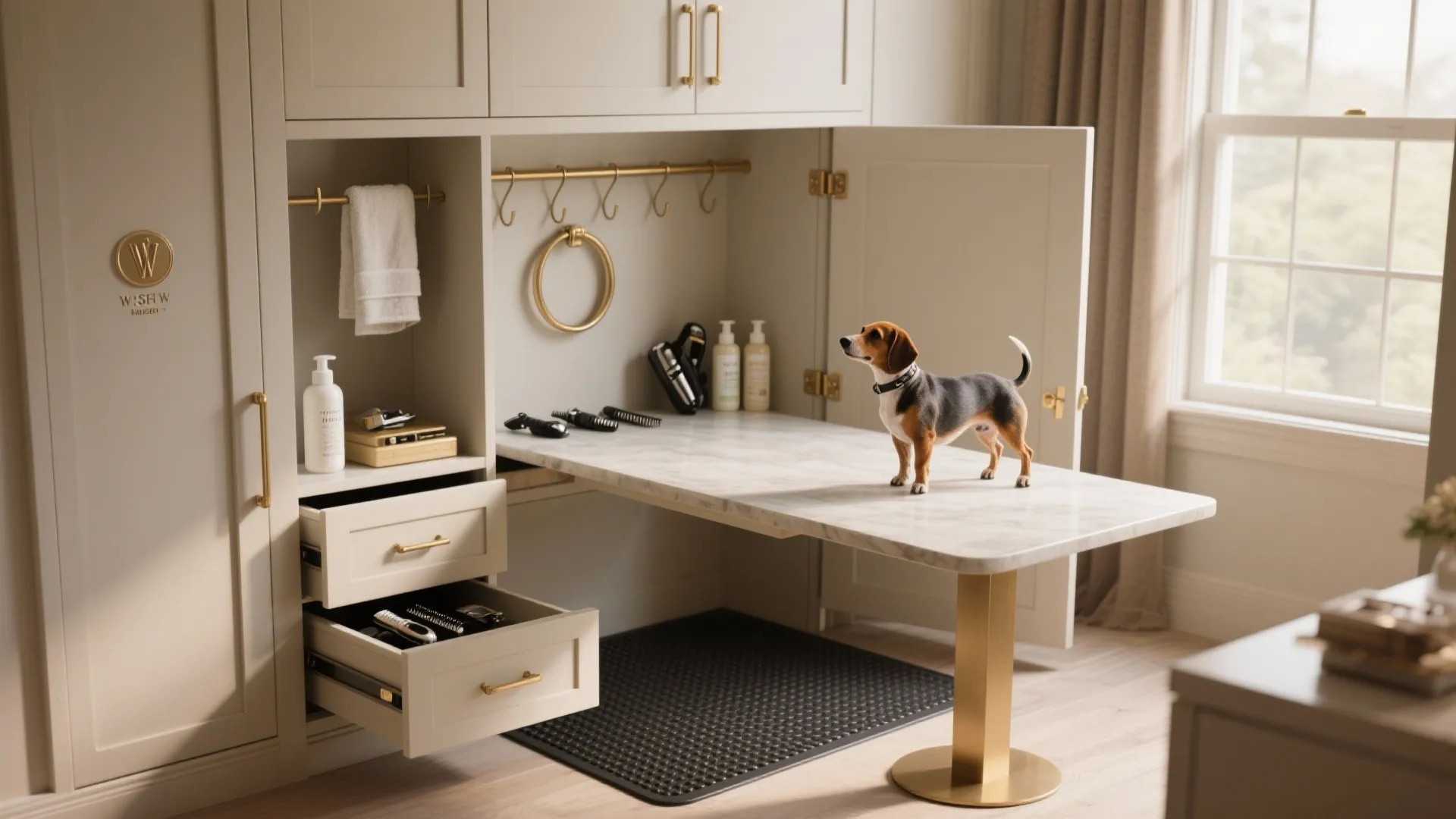 4. Hidden Grooming Cabinet with Built-In Table