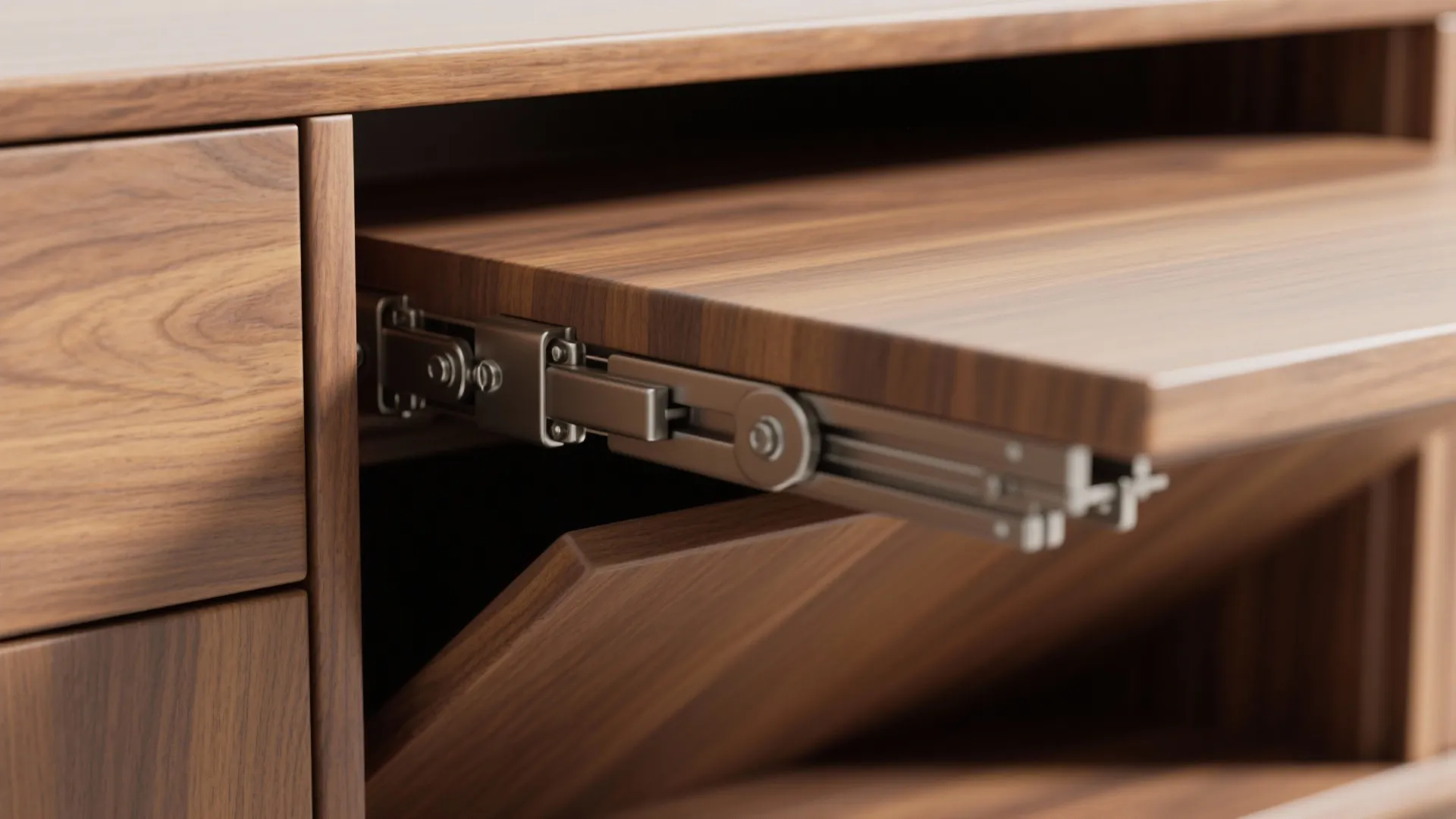 Macro view of hinges and hardware for a foldaway table hidden inside cabinetry, showing joinery and edge details.
