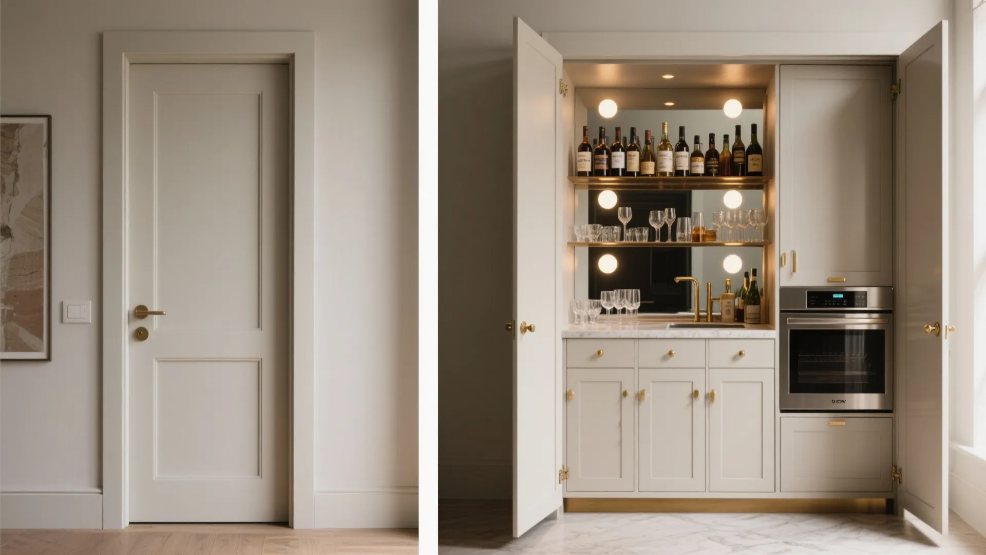 Before and after comparison of a closed white door and a hidden built in home bar