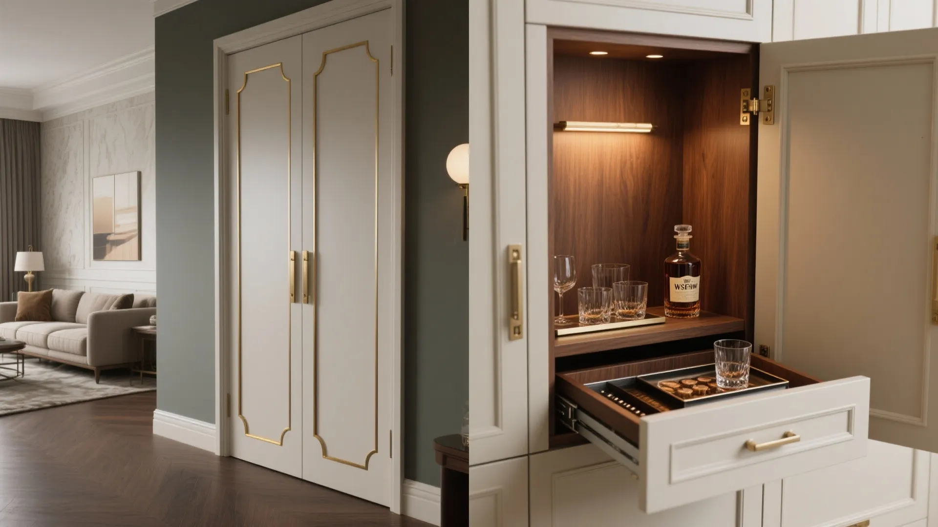 Modern white cabinet doors with gold trim opening to reveal a bar and wooden drawer