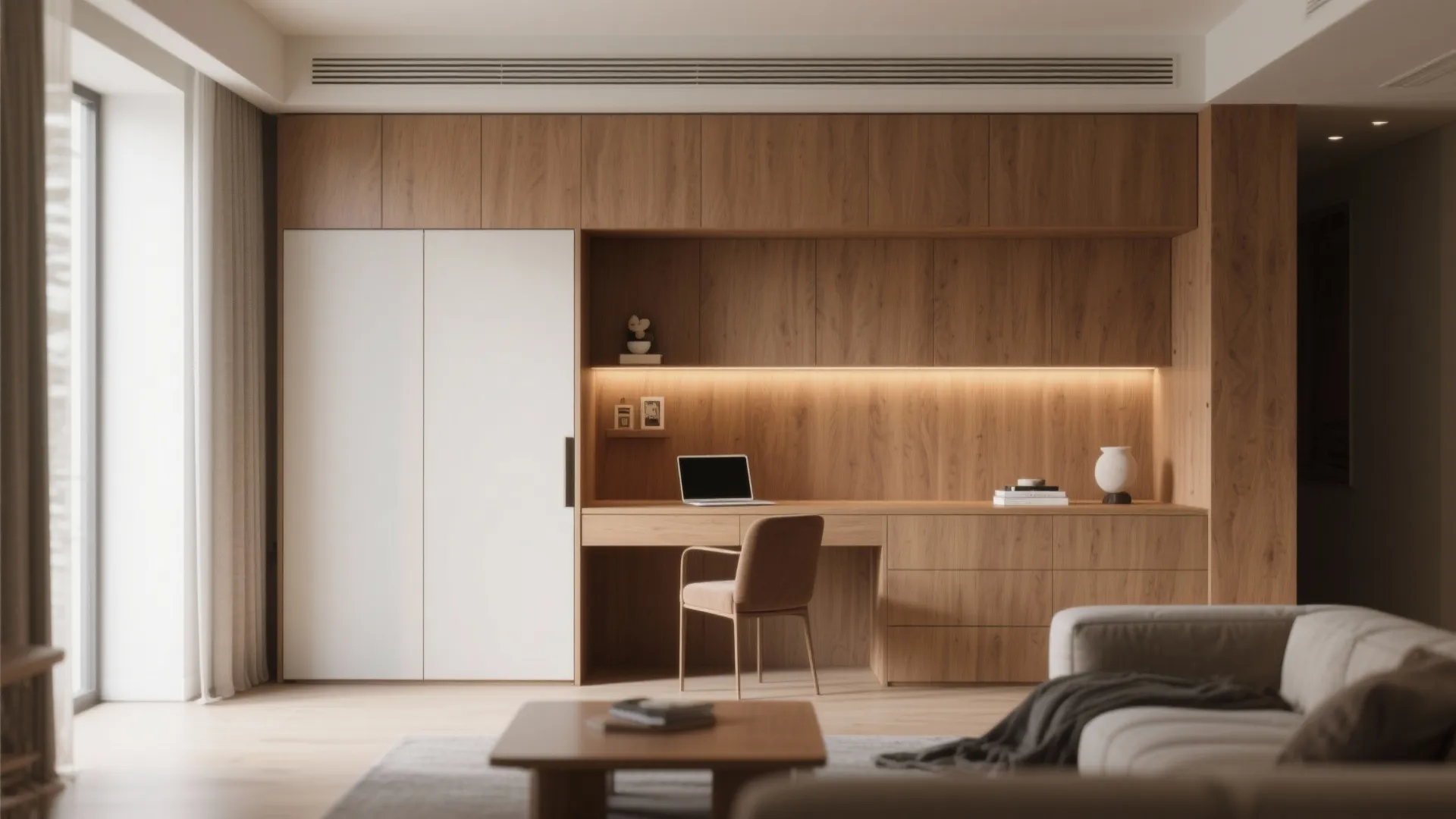 Large wooden wall cabinet featuring an integrated desk space with a chair and built-in lighting