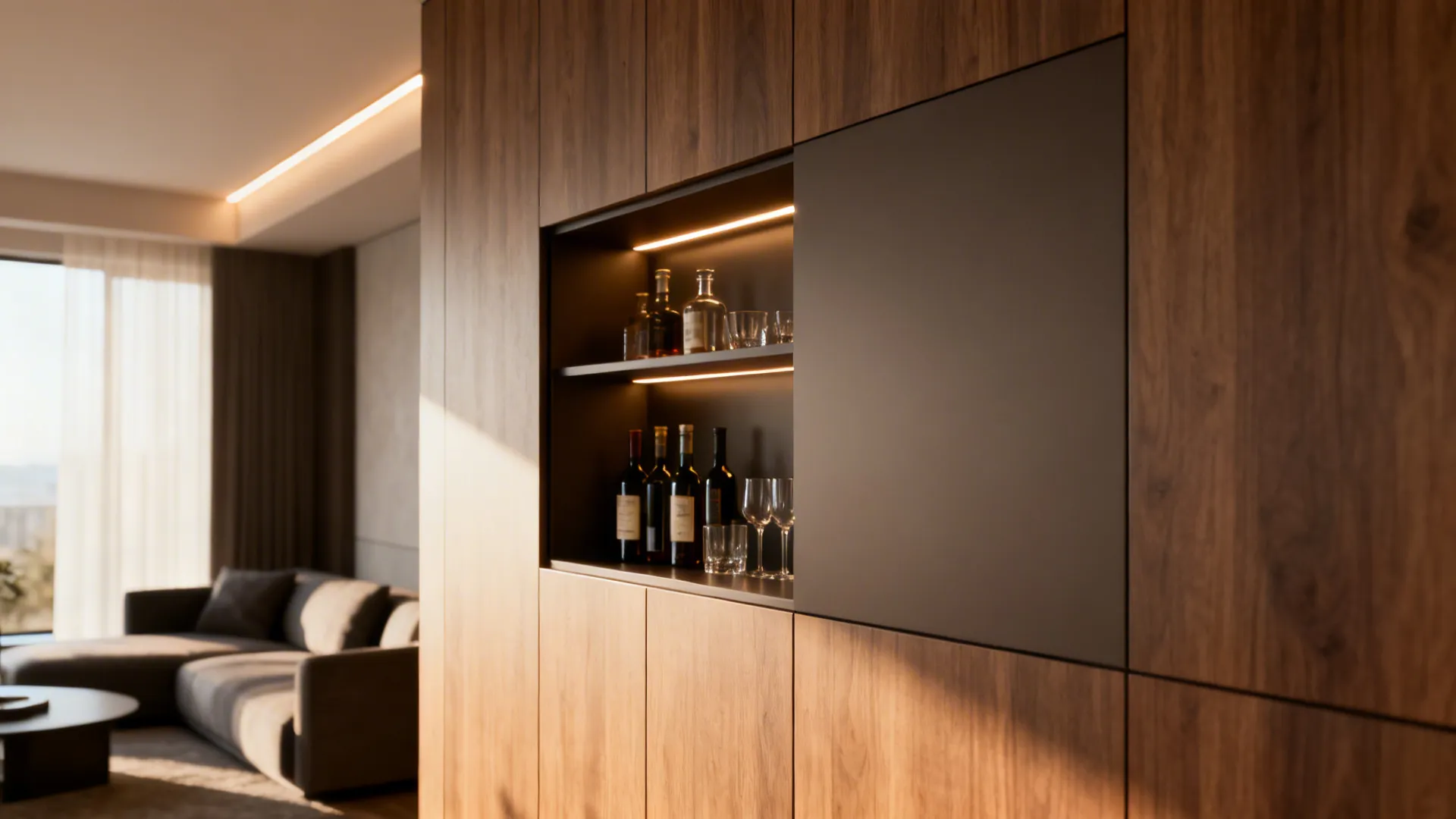 Concealed cabinet nook with adjustable shelves and LED strip lighting storing bottles behind a seamless cabinet face.