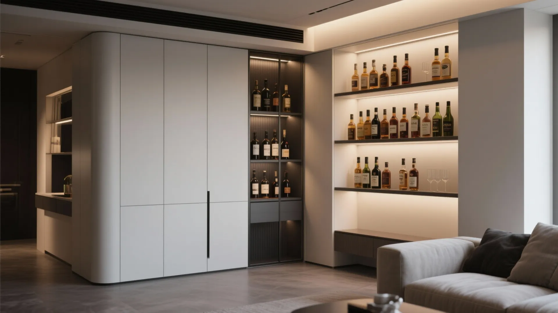 Modern white storage cabinet with integrated dark wine shelves next to a light grey sofa