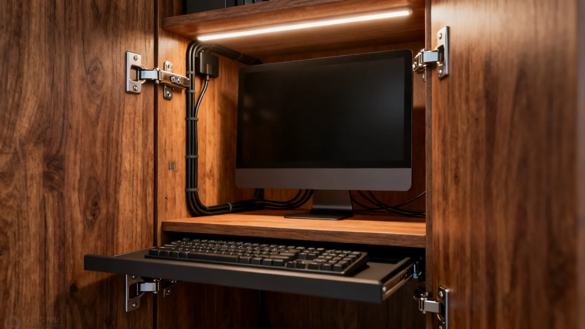 Interior of a cabinet workstation showing soft-close hinges, pull-out keyboard tray, cable management and internal lighting.