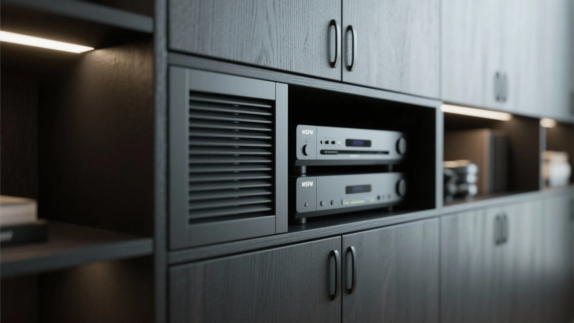 Dark wood storage cabinet with built in electronic media players and soft integrated shelf lighting