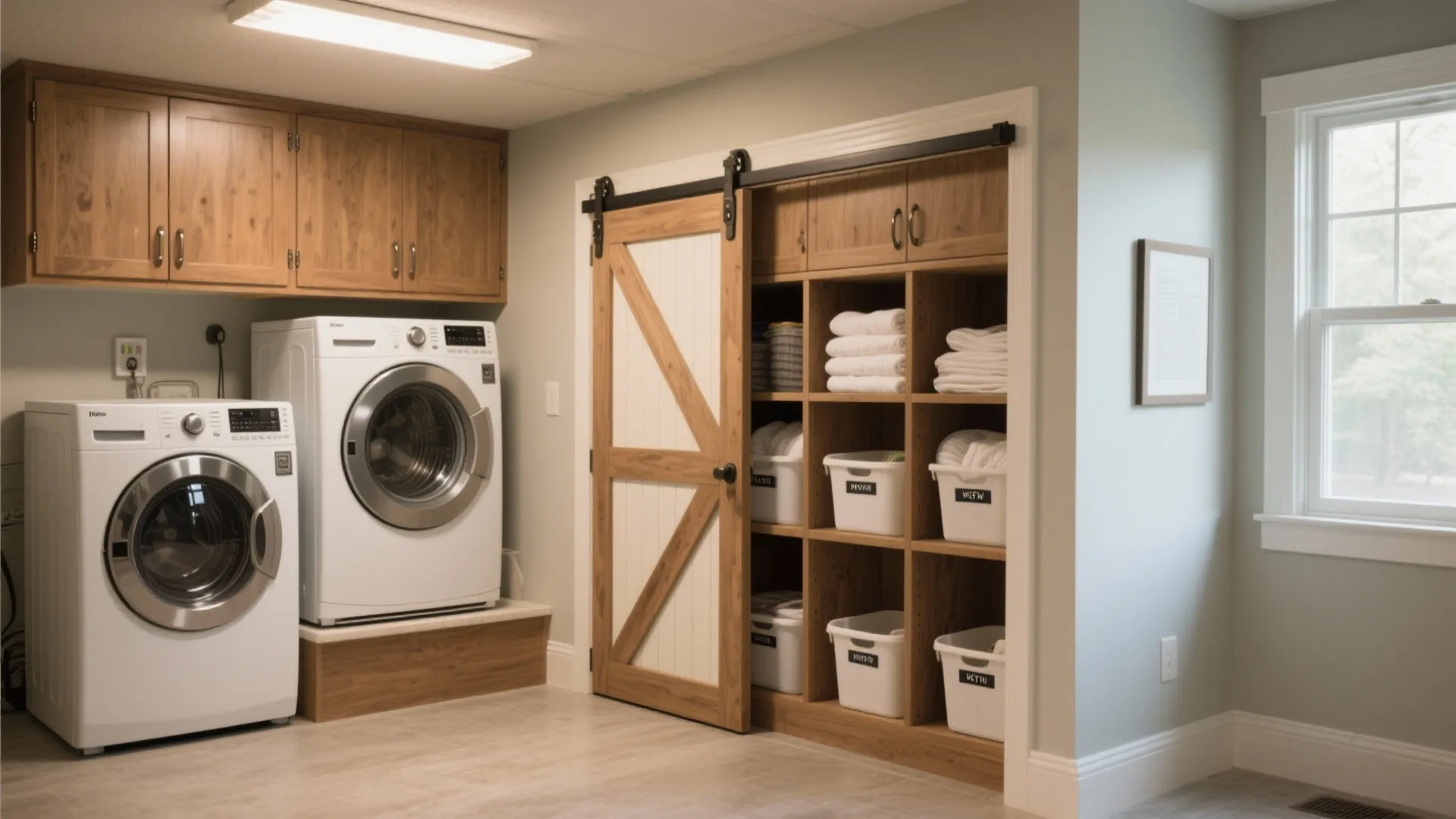 Laundry room with washing machine and dryer next to a wood sliding barn door cabinet
