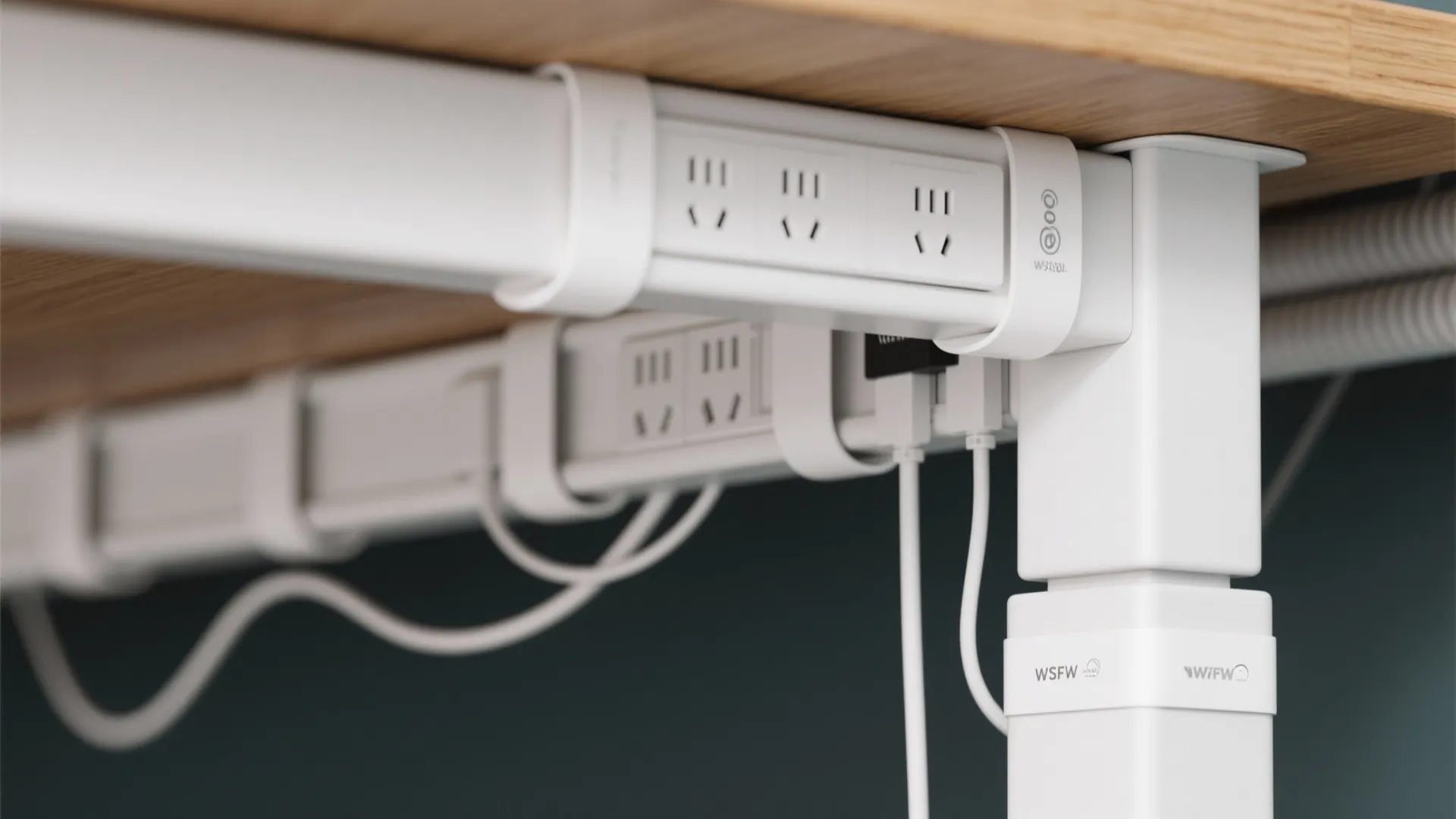 White power strips and cable trays mounted under a wooden desk to organize messy electric wires