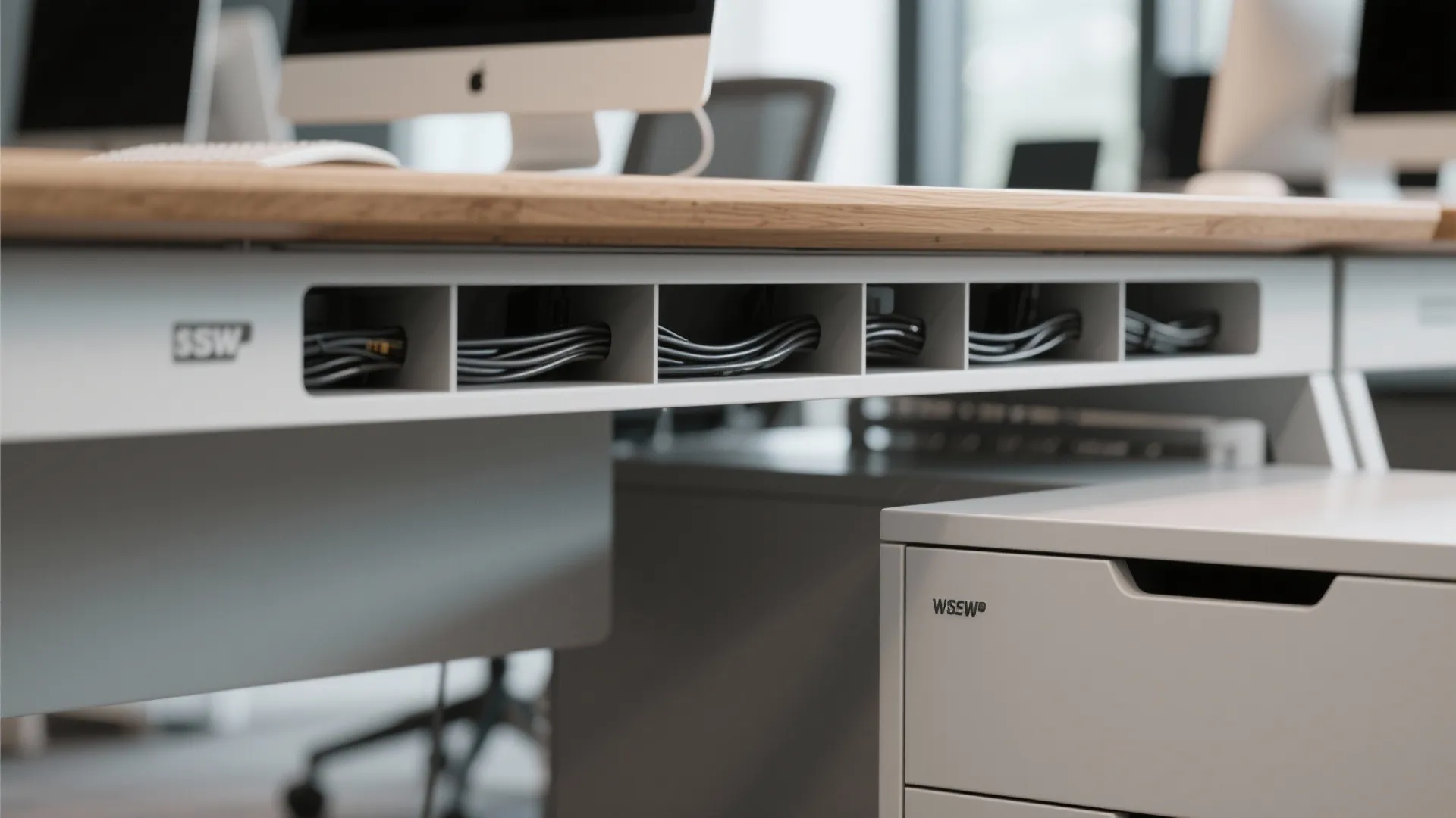 Office desk with a built in cable management tray holding several organized black power cords