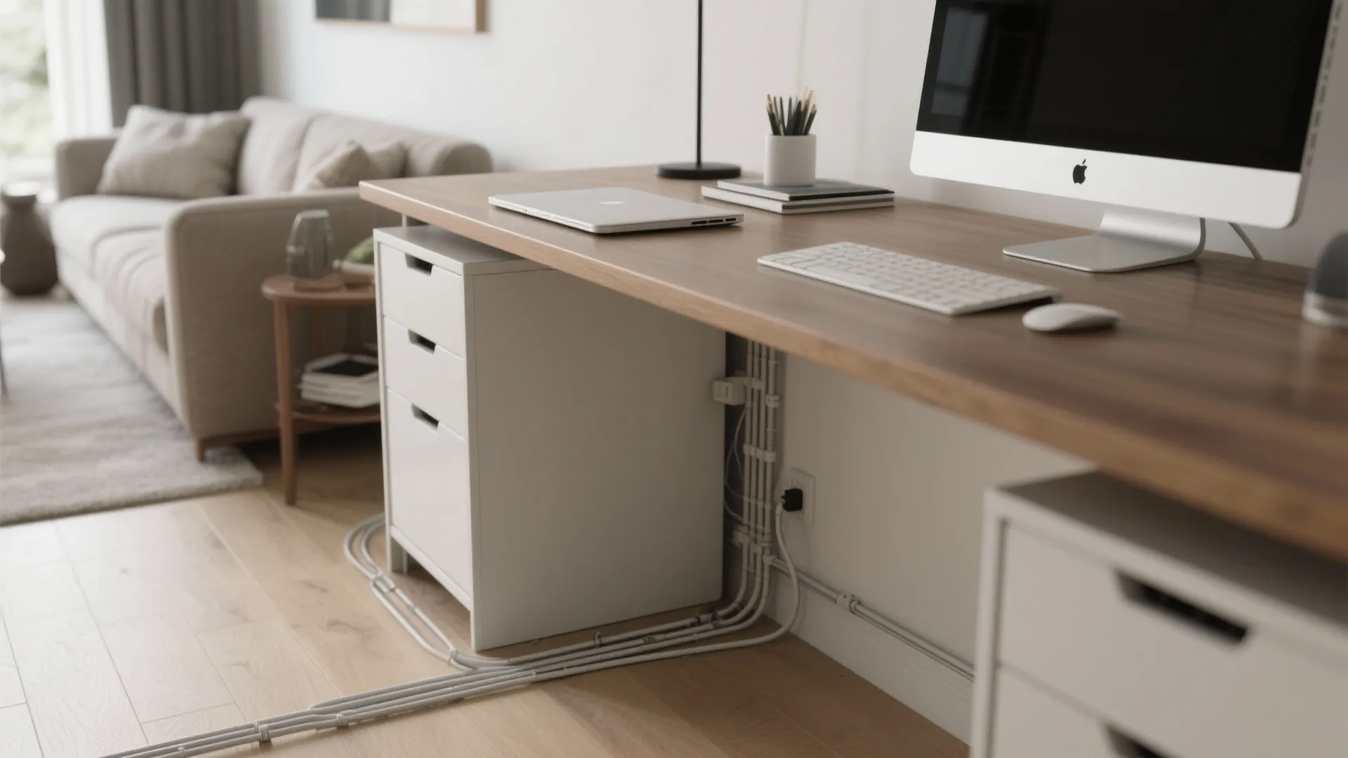 Wooden desk with white drawer unit showing neat cable management along the floor and wall