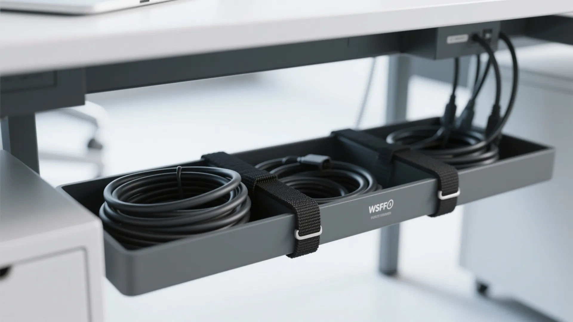 Under-desk cable management tray with neatly tied cords