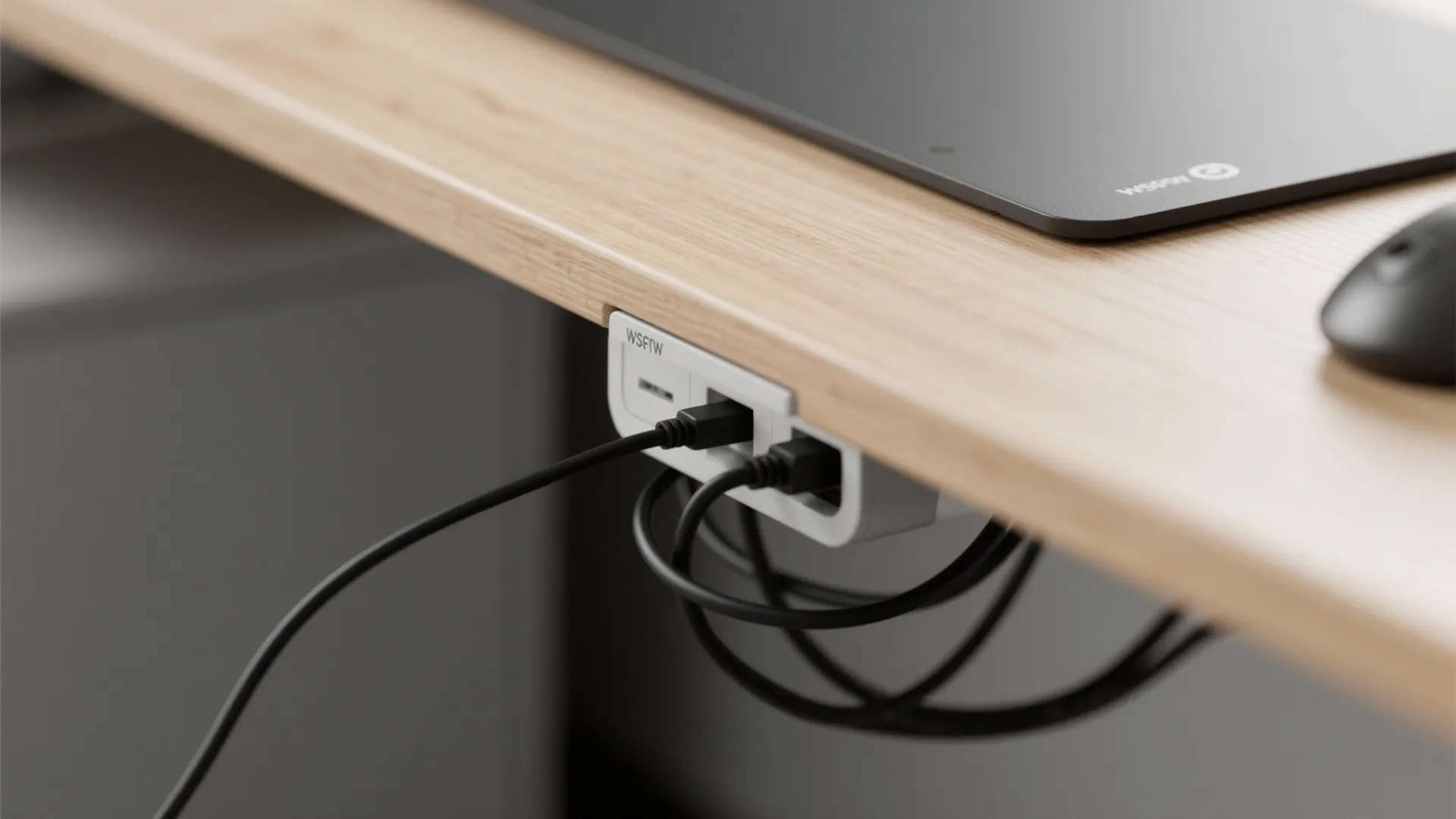 Close up of black power cables plugged into a white charging outlet under wooden desk