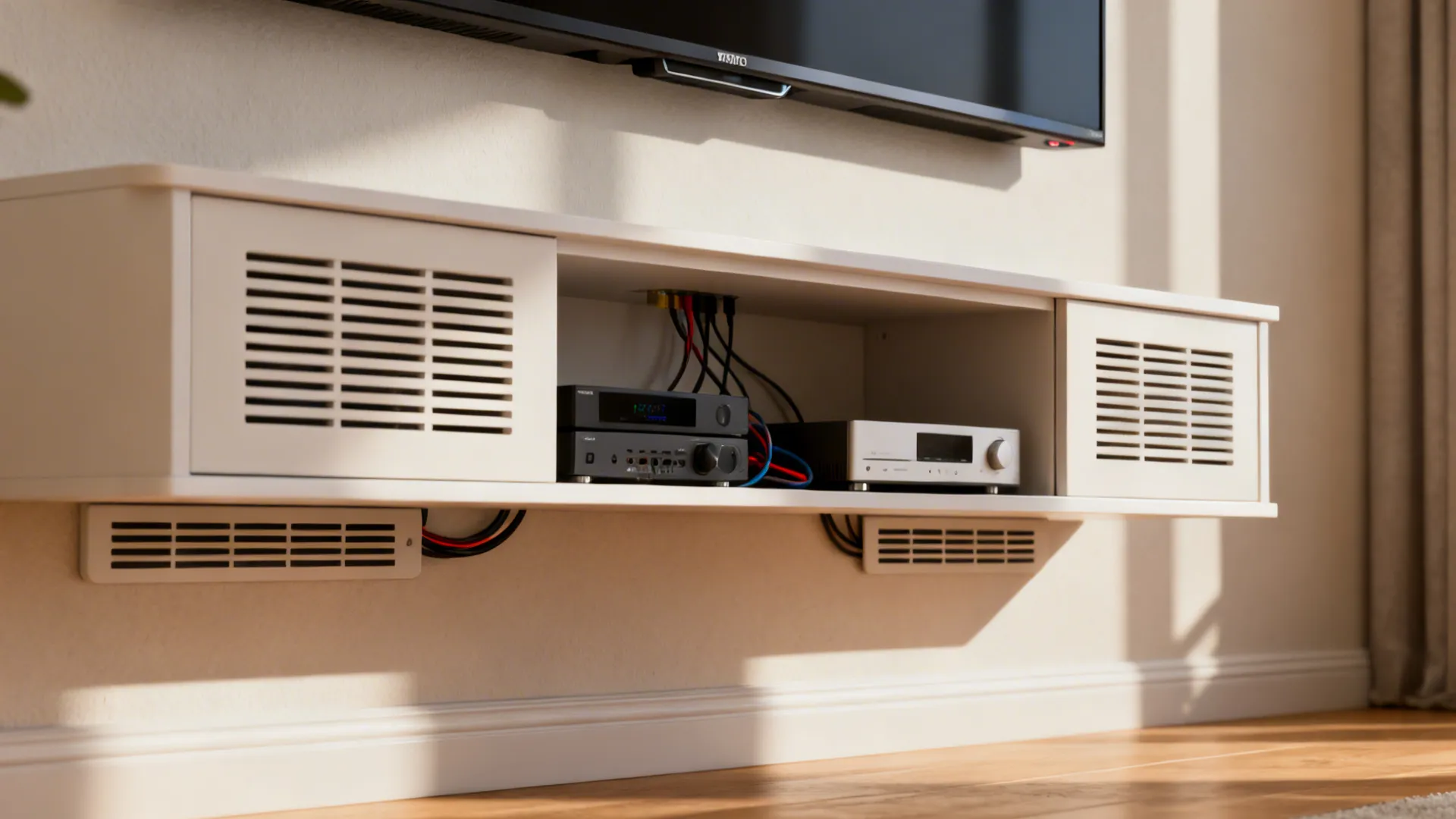 White wall mounted cabinet under television with electronic devices and organized cables inside storage unit