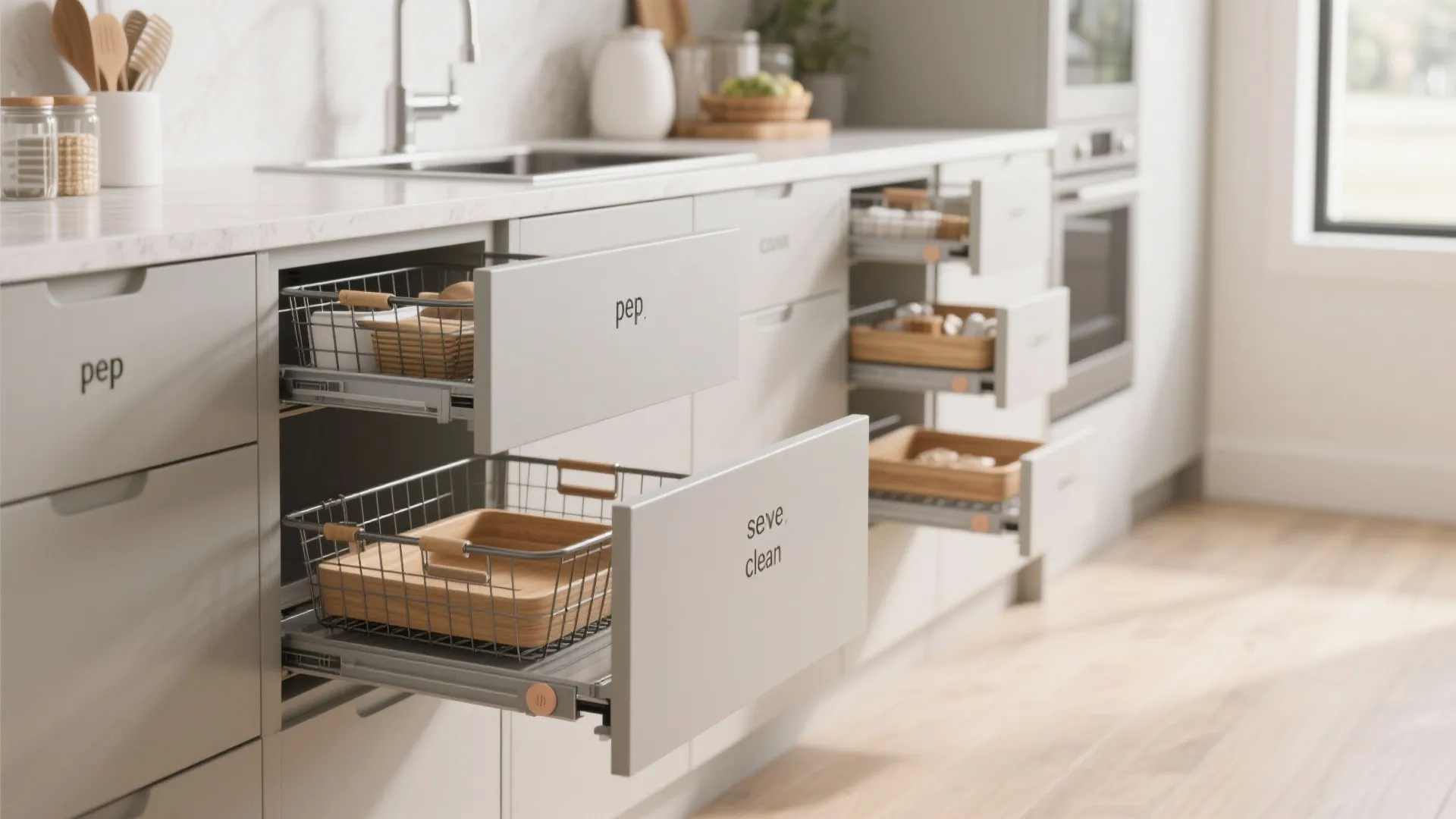 Modern light grey kitchen cabinets with open drawers featuring wire basket storage and wooden trays