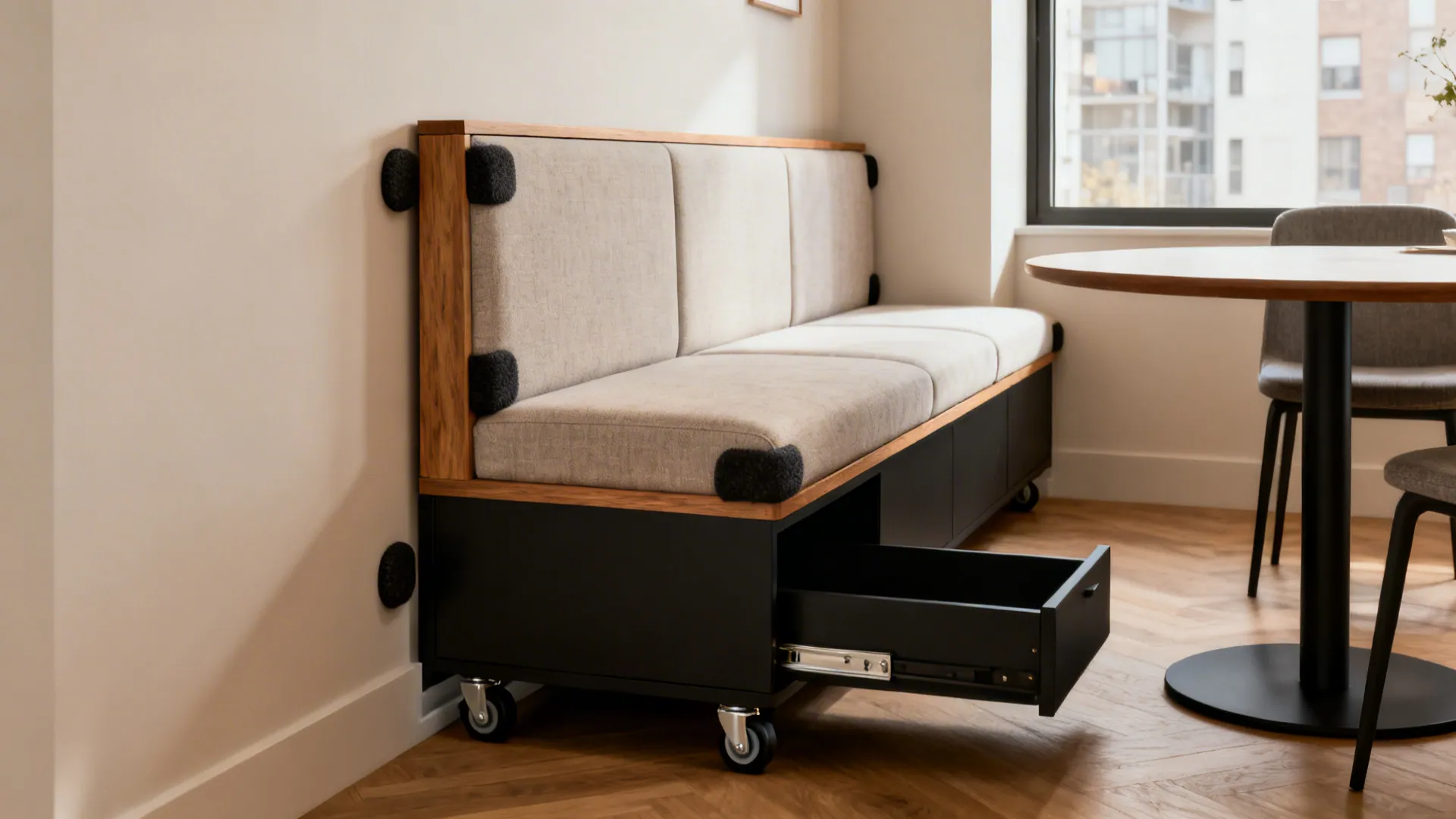 Modular banquette on recessed casters with hidden storage in a narrow dining wall.