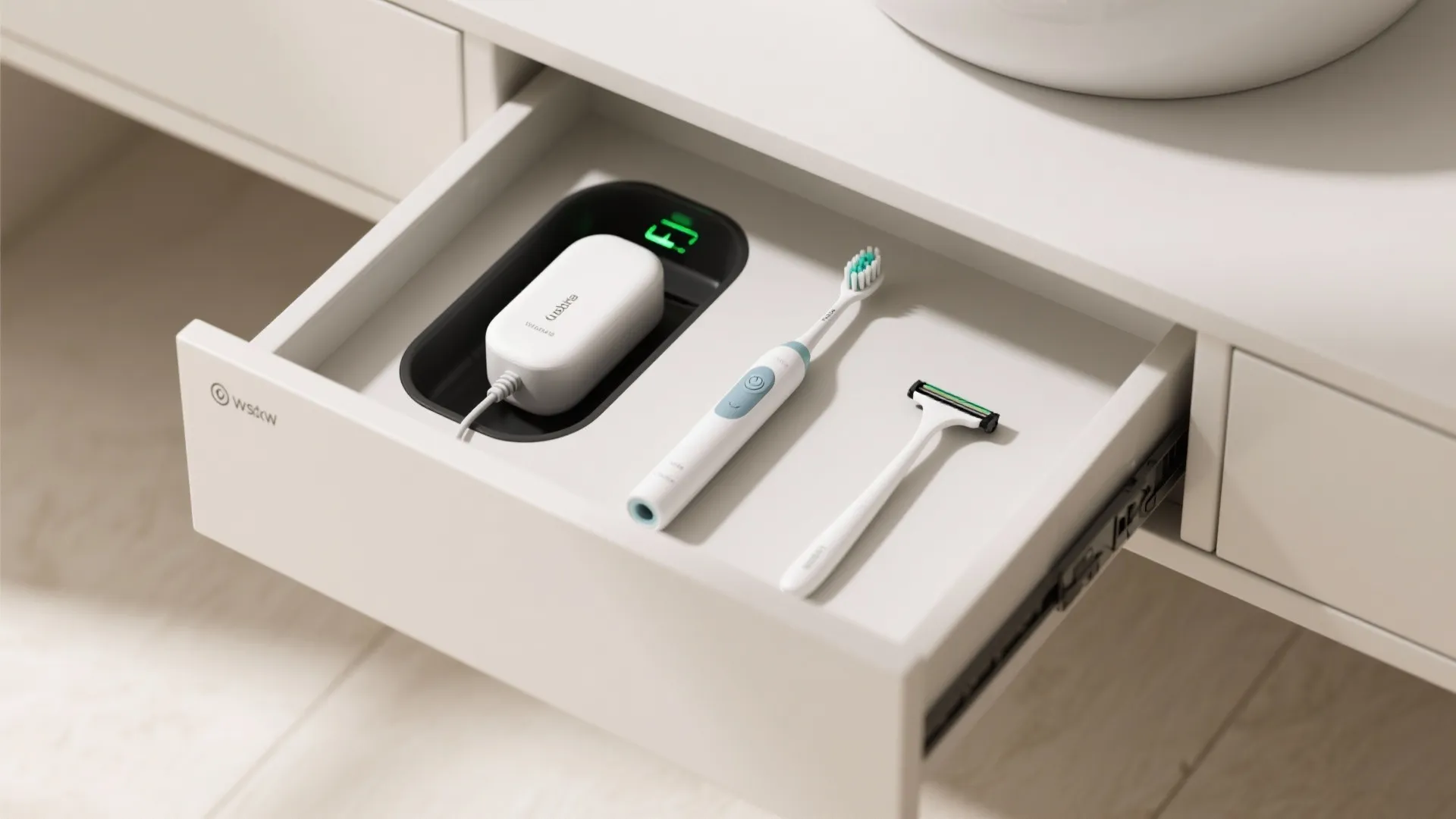 Modern white bathroom drawer with internal charging outlet holding an electric toothbrush and a razor