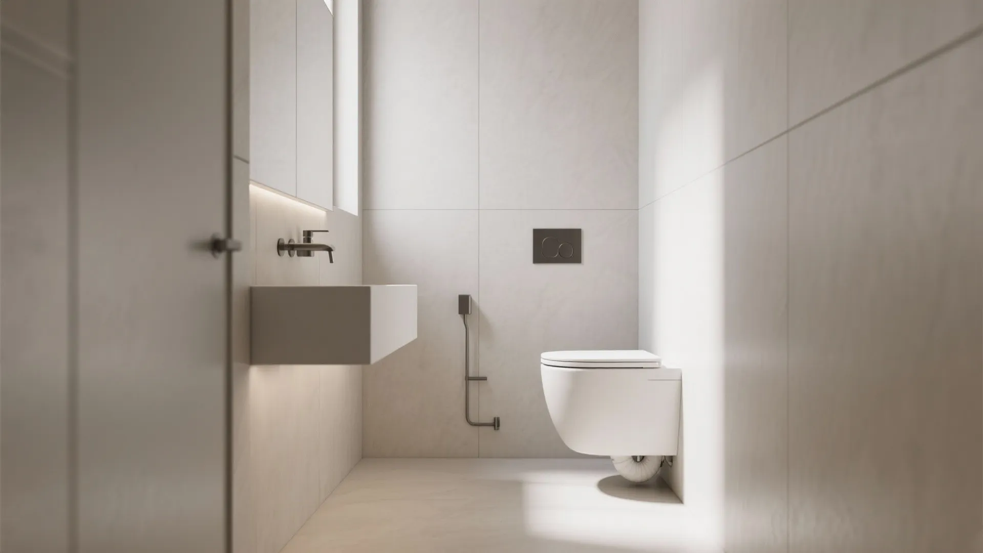 Minimalist white bathroom featuring a wall mounted toilet and a simple floating square wash basin