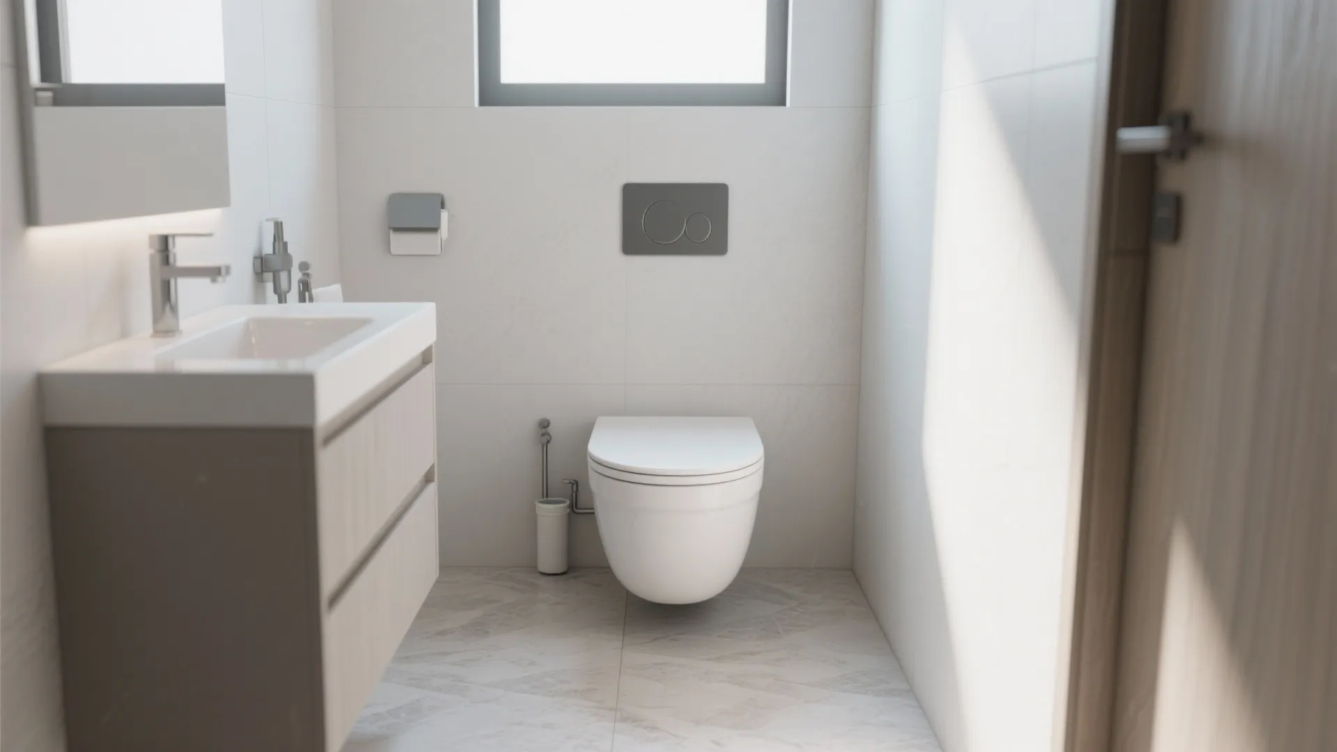 Modern white bathroom featuring a wall hung toilet and a wood cabinet with white sink