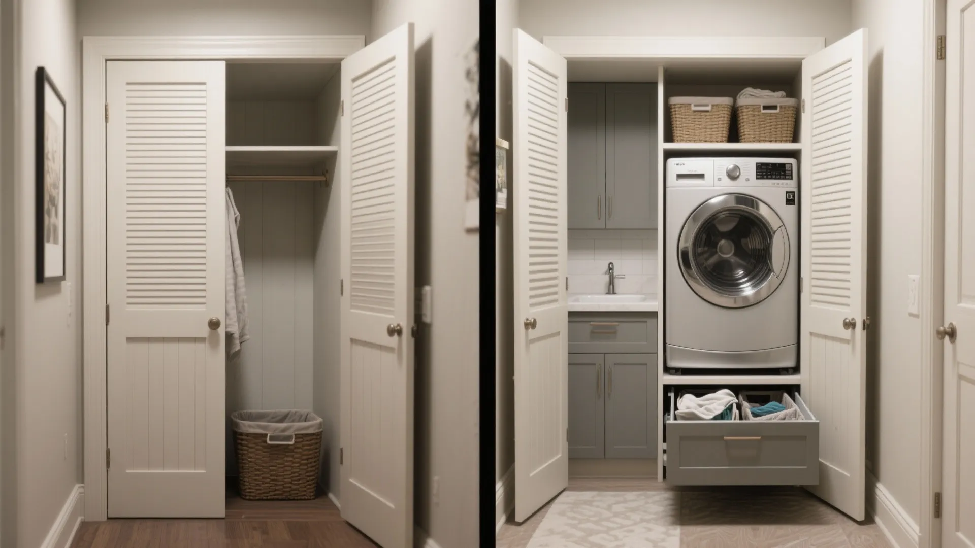 Before-and-after of a shallow closet converted into a hidden laundry cabinet with pull-out hampers and a small sink.