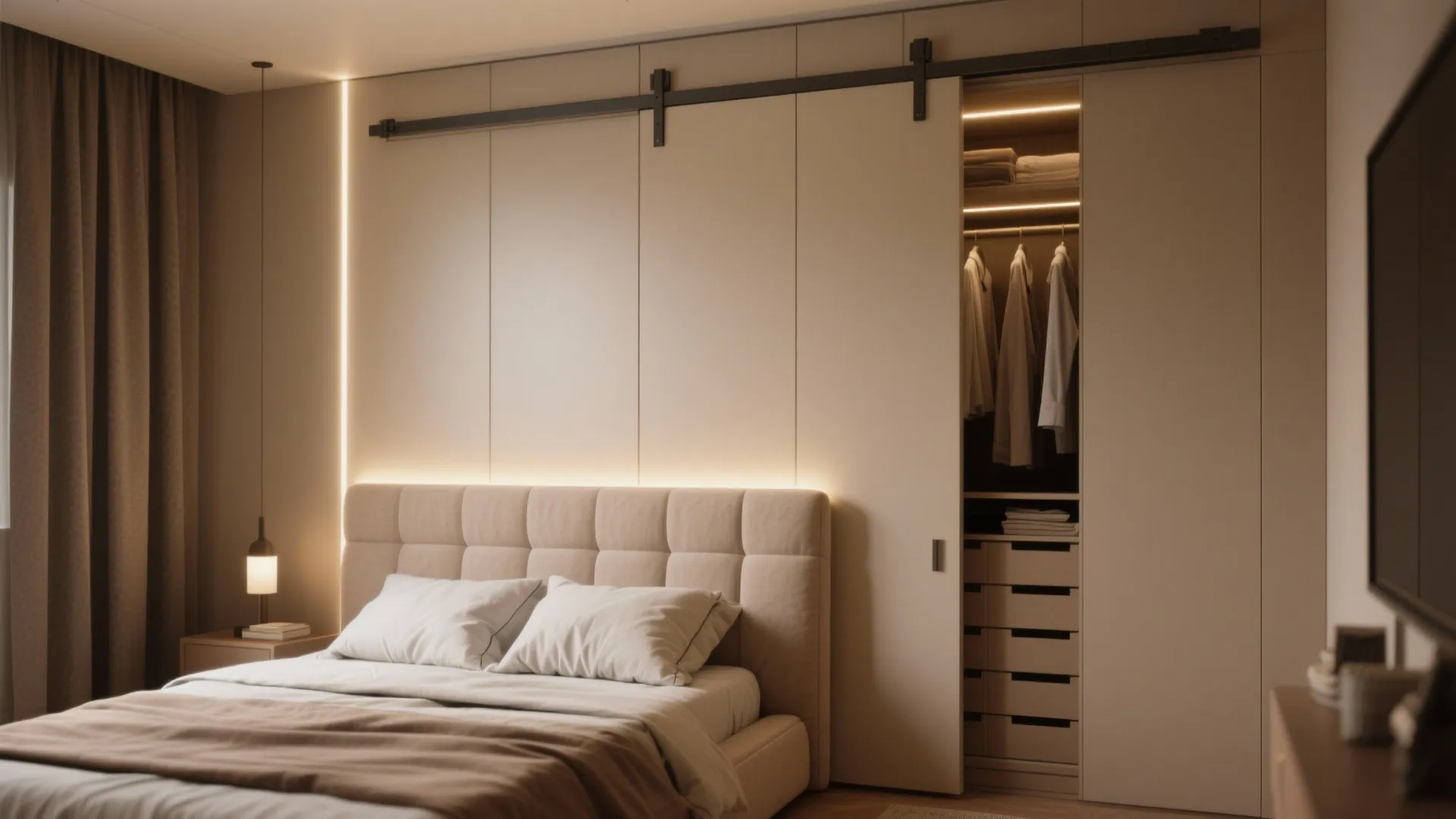 Modern beige bedroom featuring sliding closet doors with built in lighting and soft fabric bed