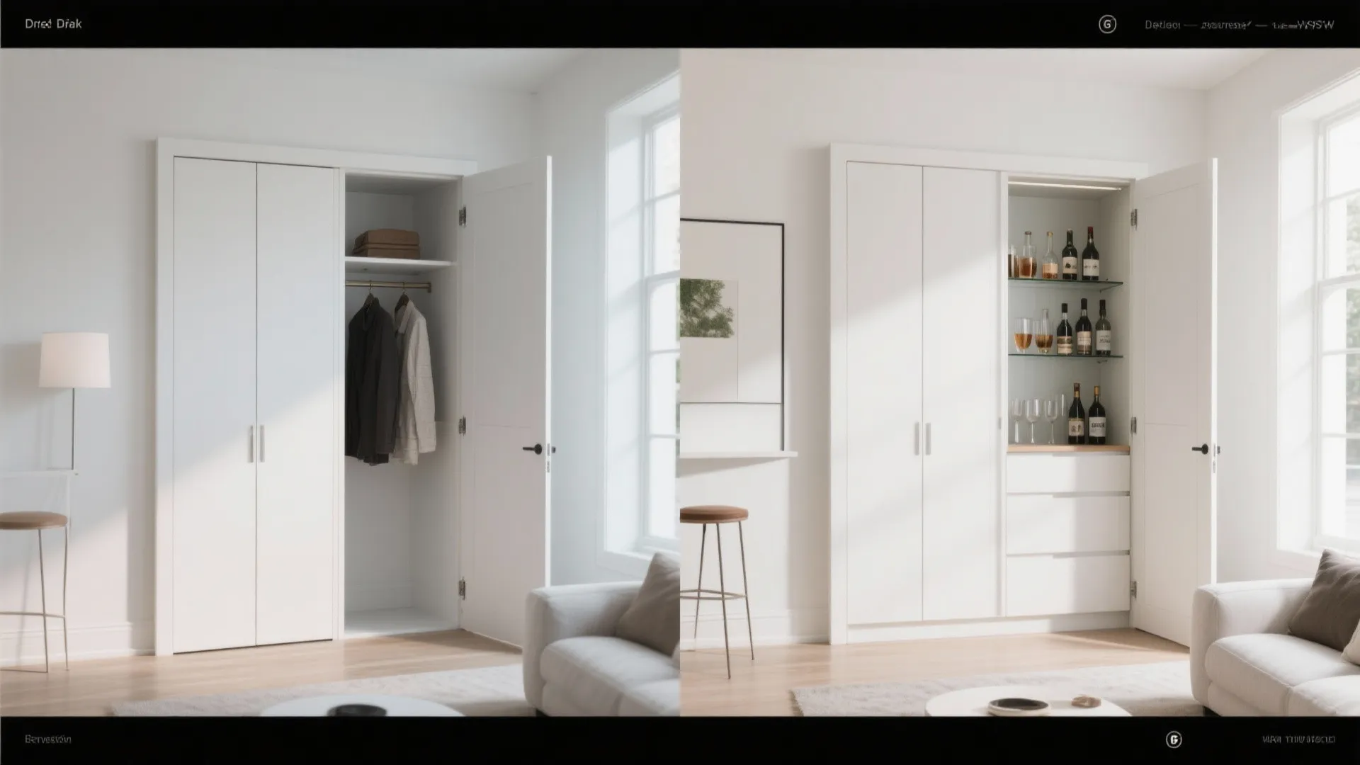 Closet bar hidden in wall then opened to reveal drinks and glasses