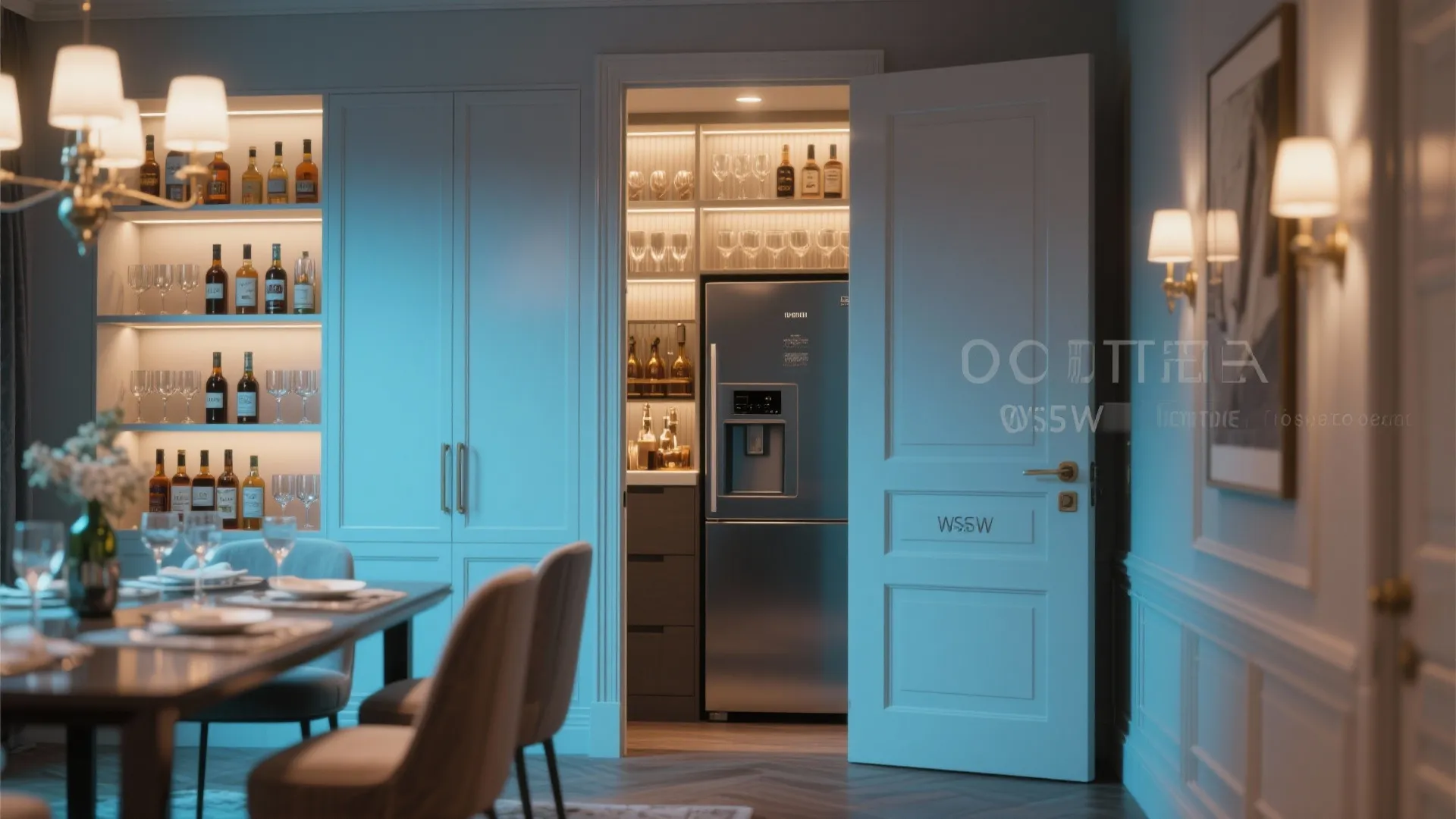 Hidden dining room closet converted into a bar