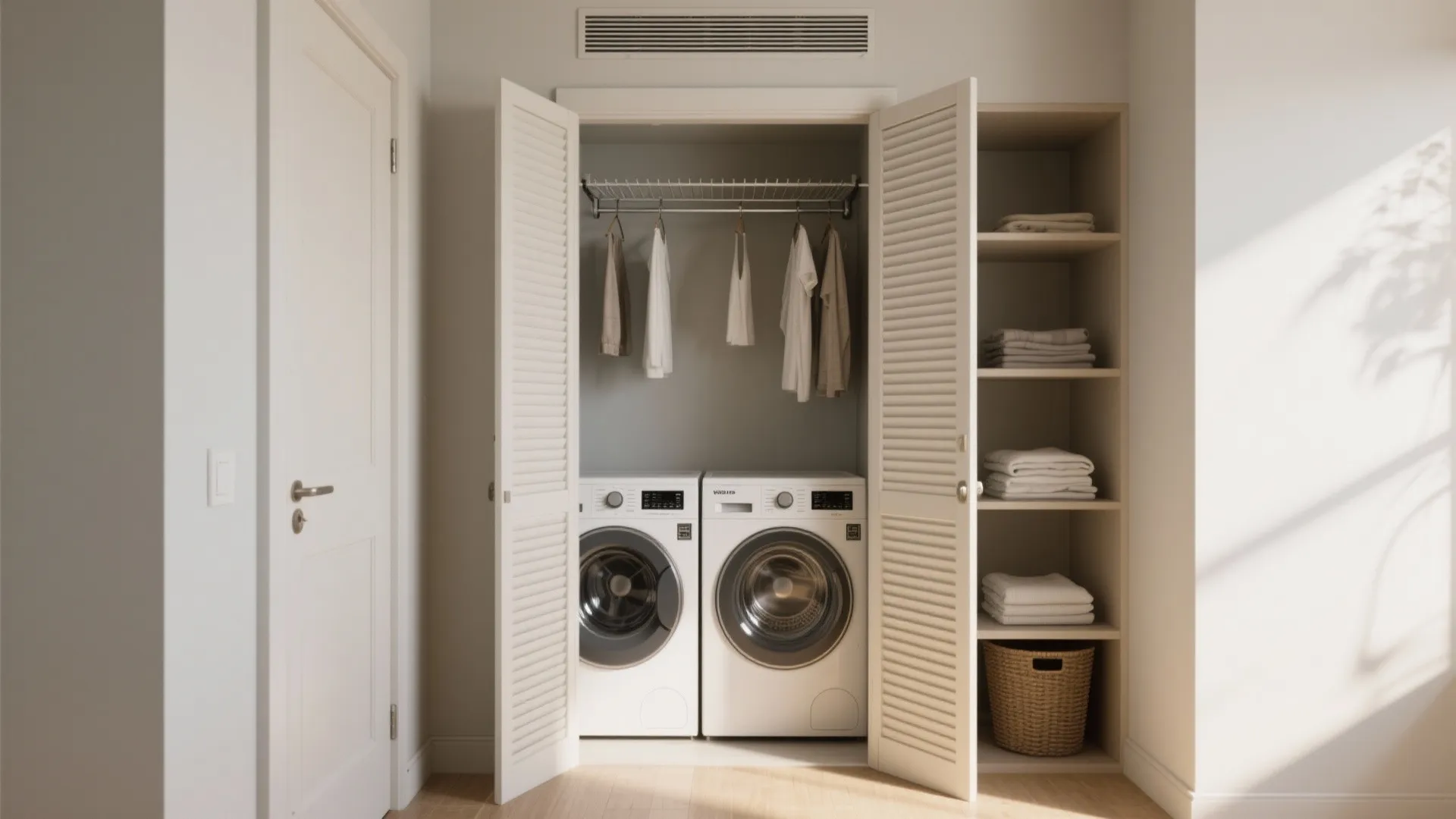 Laundry area hidden inside a white closet with two washing machines and wooden storage shelves