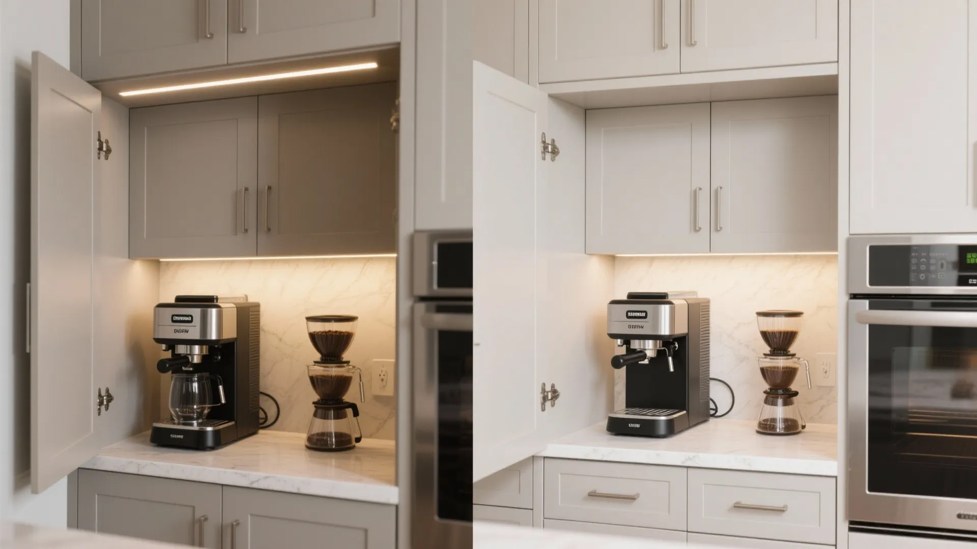 Hidden coffee bar station inside a grey kitchen cabinet with an open door and lighting