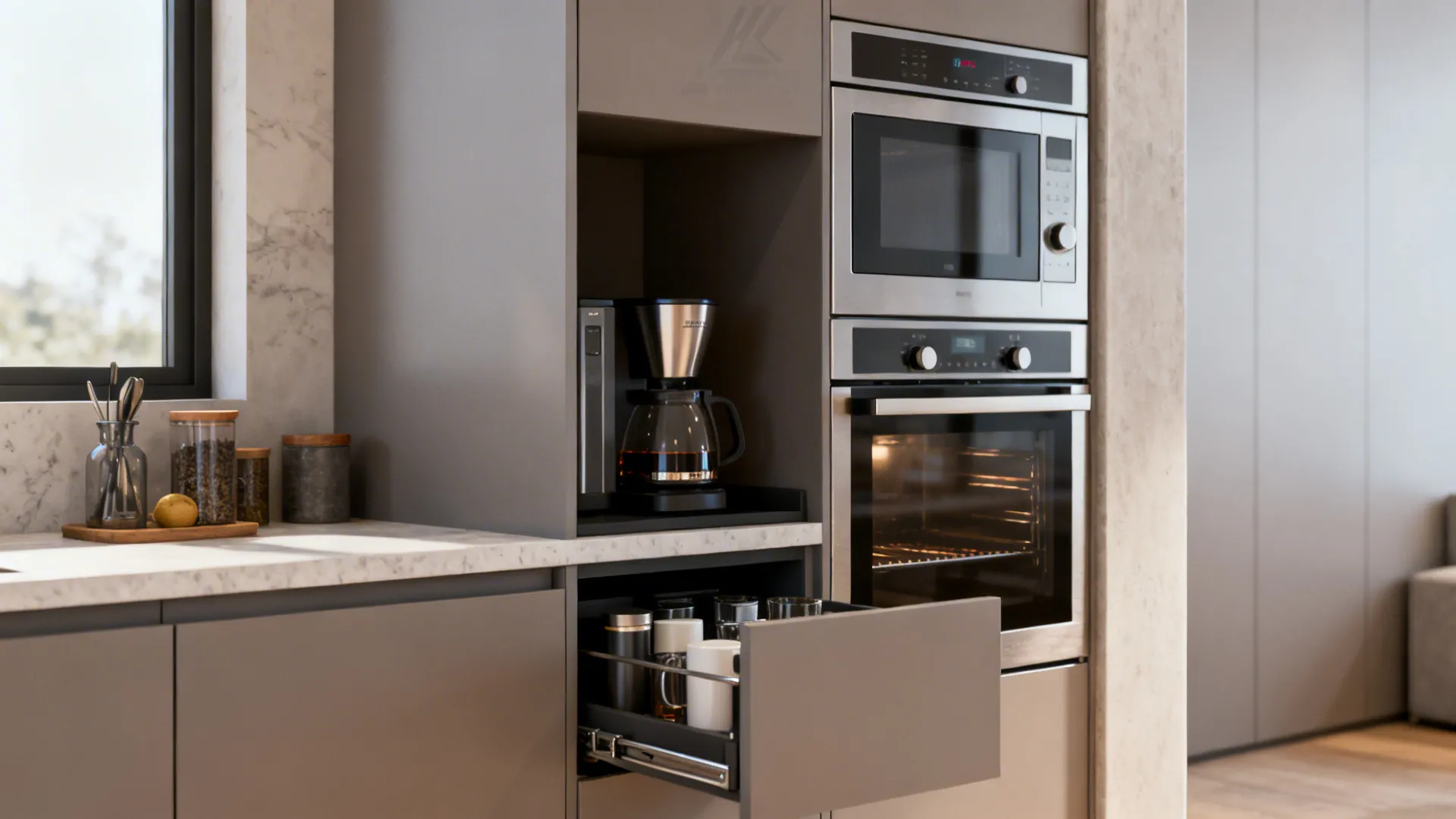 Hidden pull-out coffee station and a combined oven-microwave in a compact kitchen.
