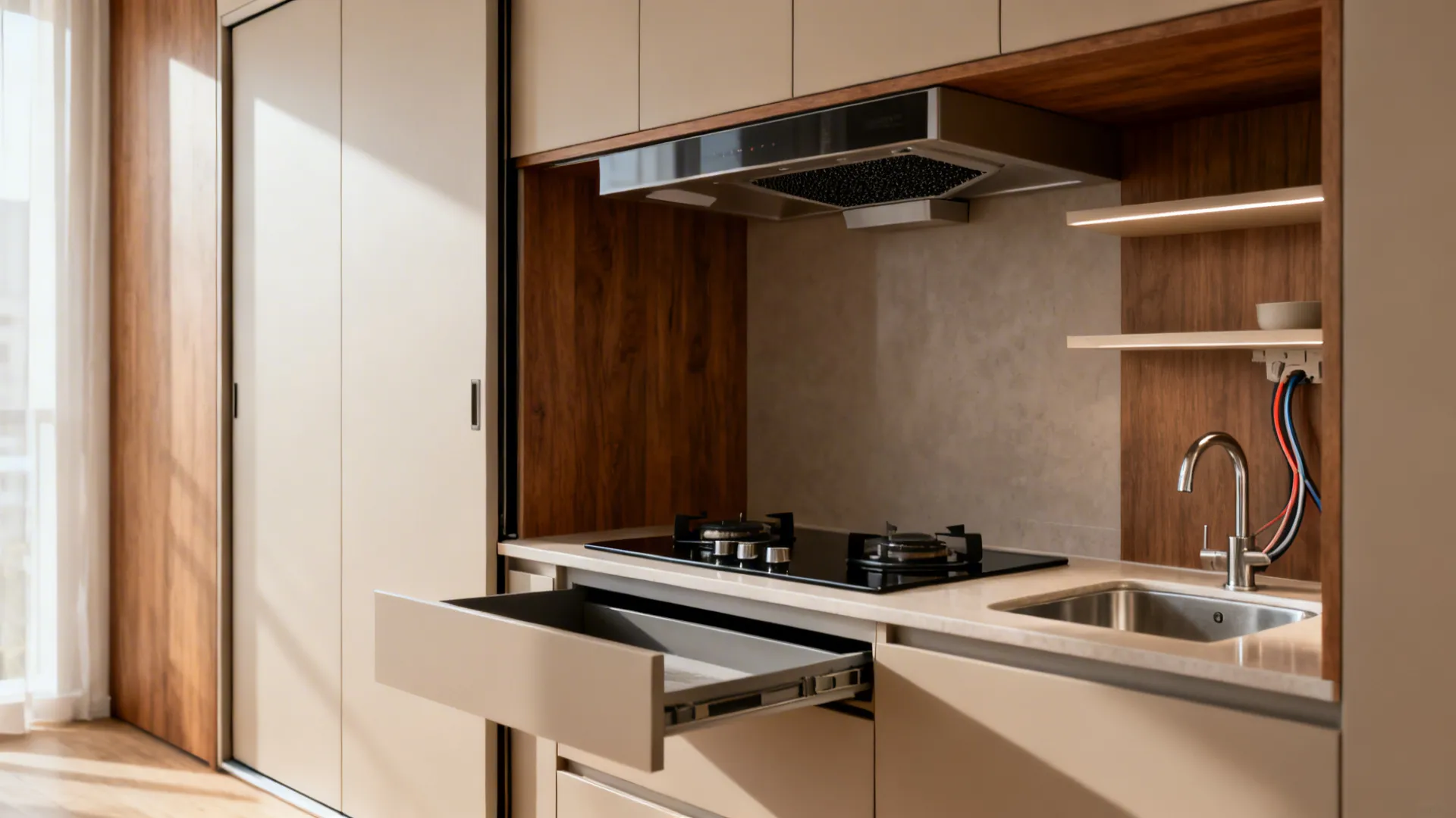 Compact kitchen niche with doors closed versus open revealing induction hob, hood, sink, and shelves.